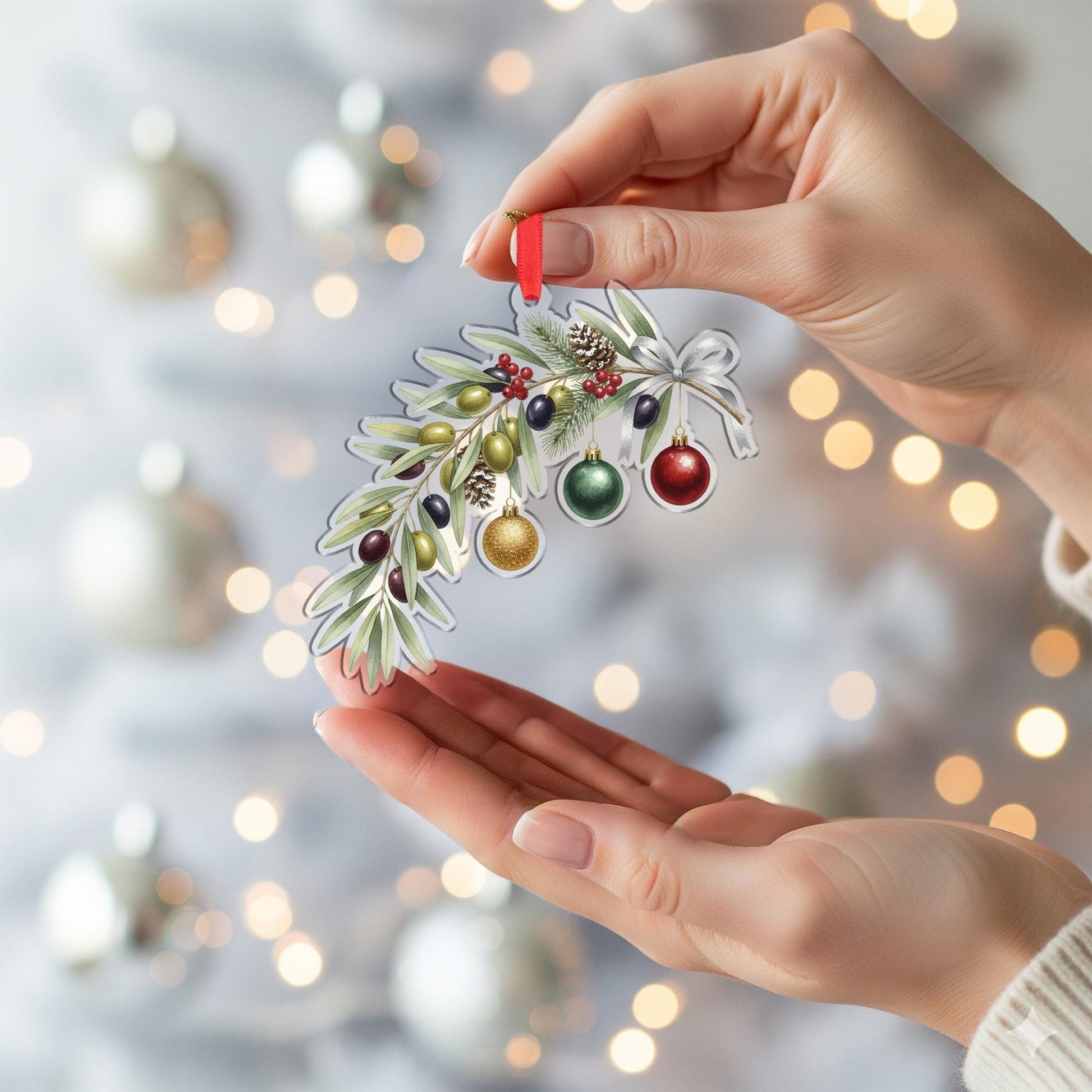 Olive Branch Ornament with Pinecones and Baubles, Botanical Christmas Decoration with Ribbon Detail