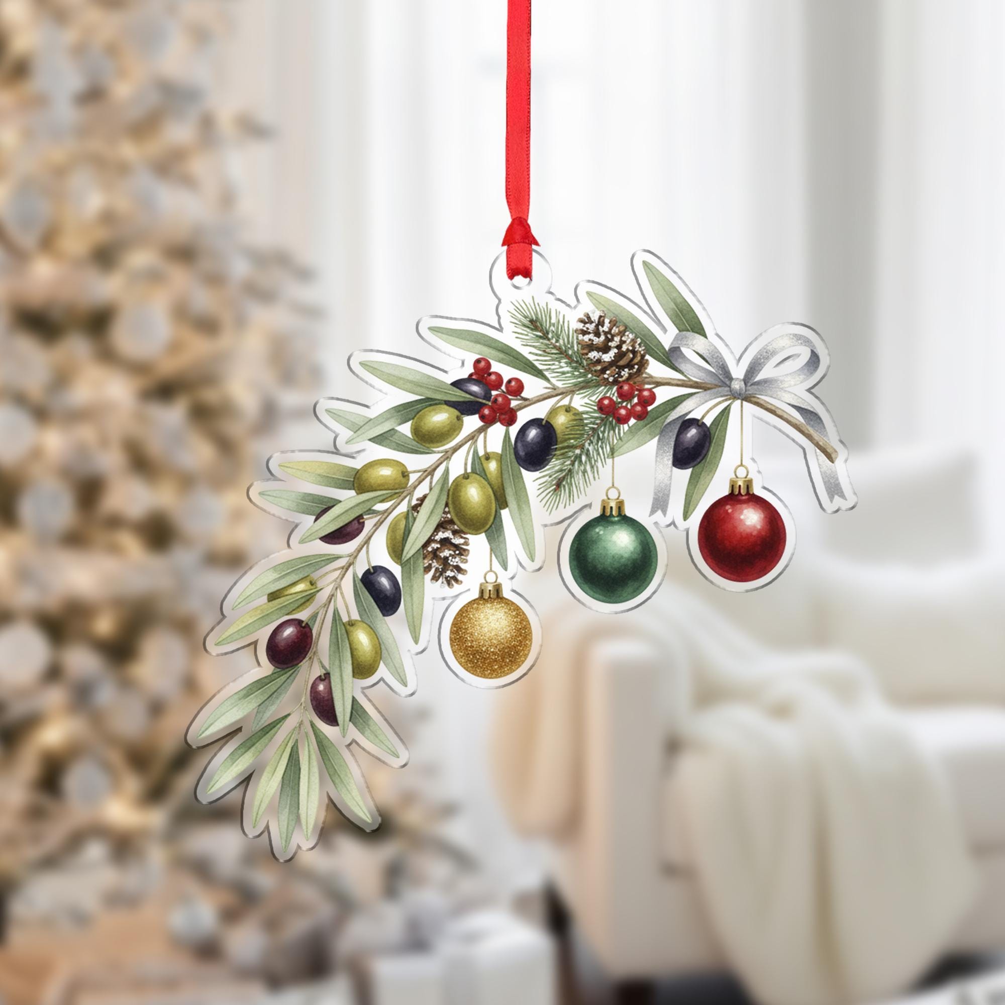 Olive Branch Ornament with Pinecones and Baubles, Botanical Christmas Decoration with Ribbon Detail