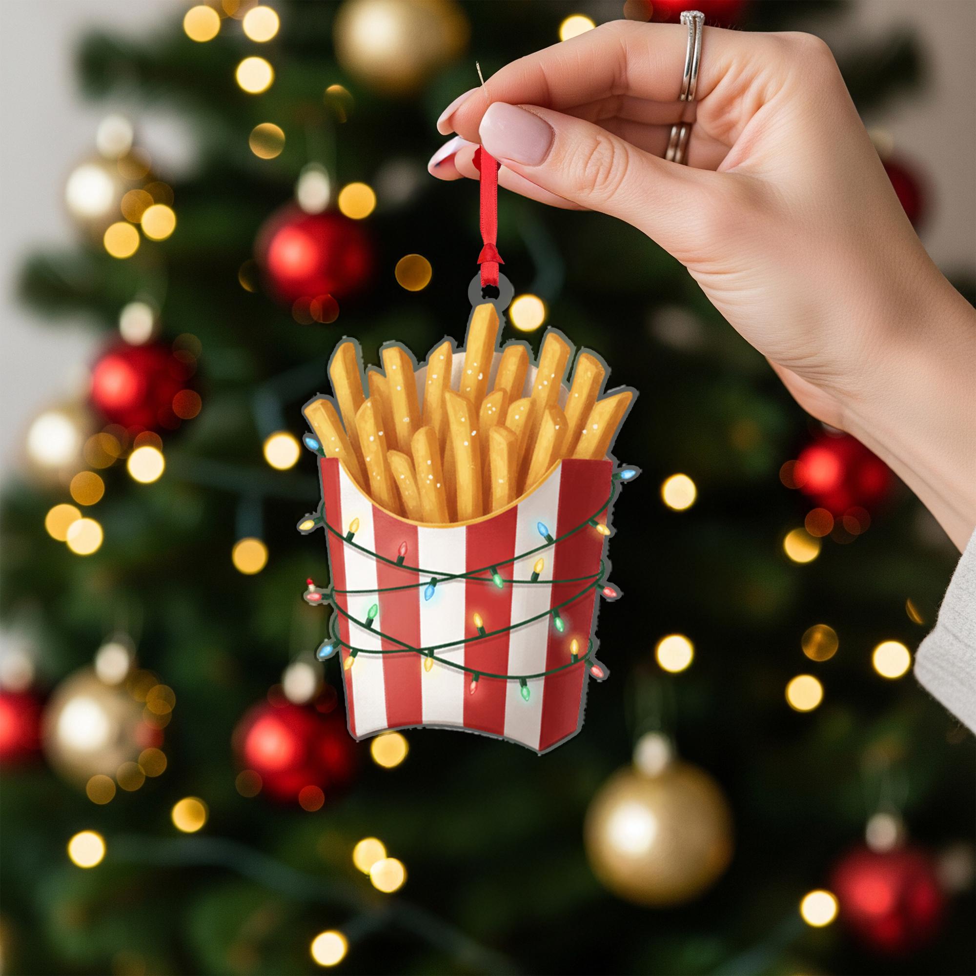 French Fries Ornament with Striped Box and String Lights, Fast Food Style Christmas Decoration