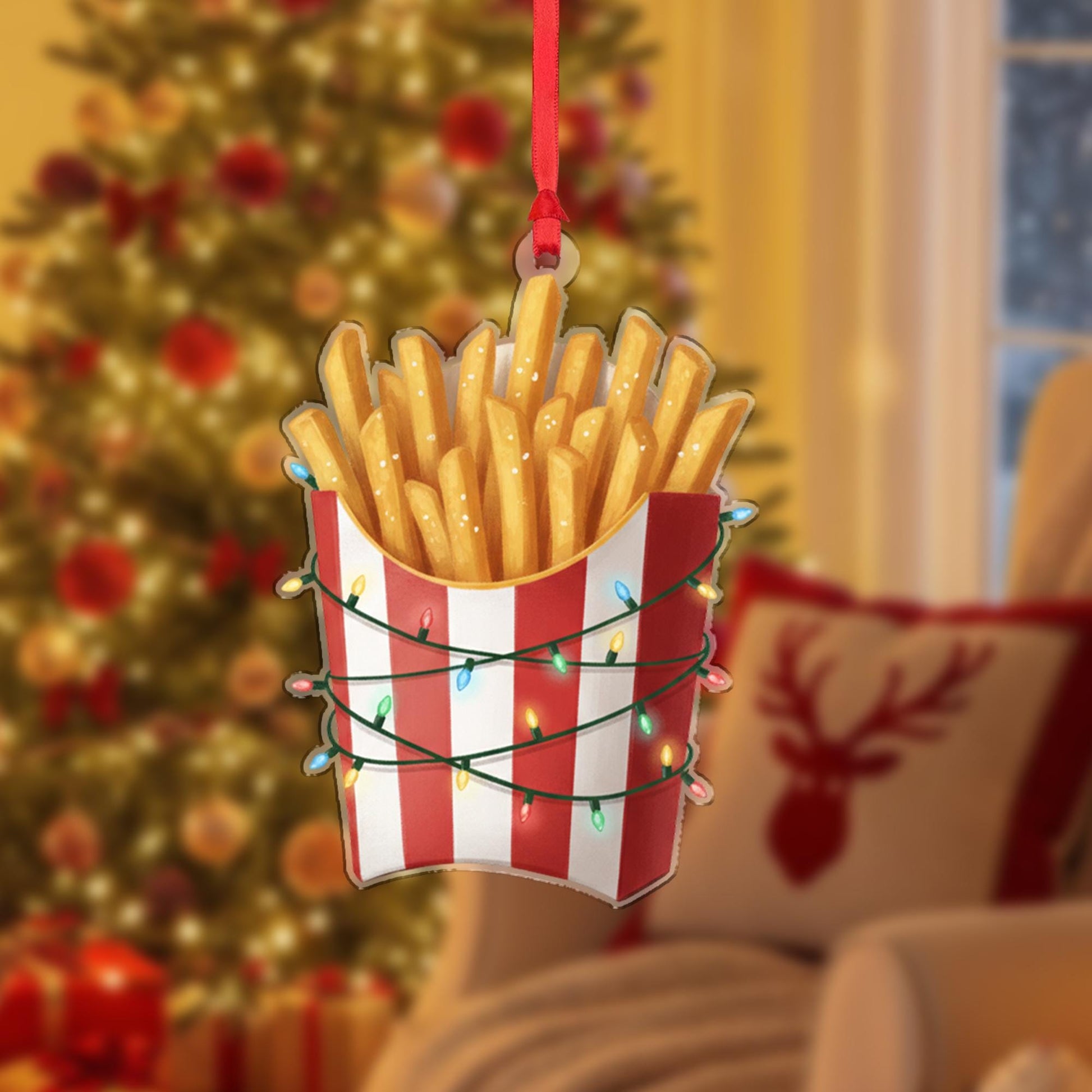 French Fries Ornament with Striped Box and String Lights, Fast Food Style Christmas Decoration