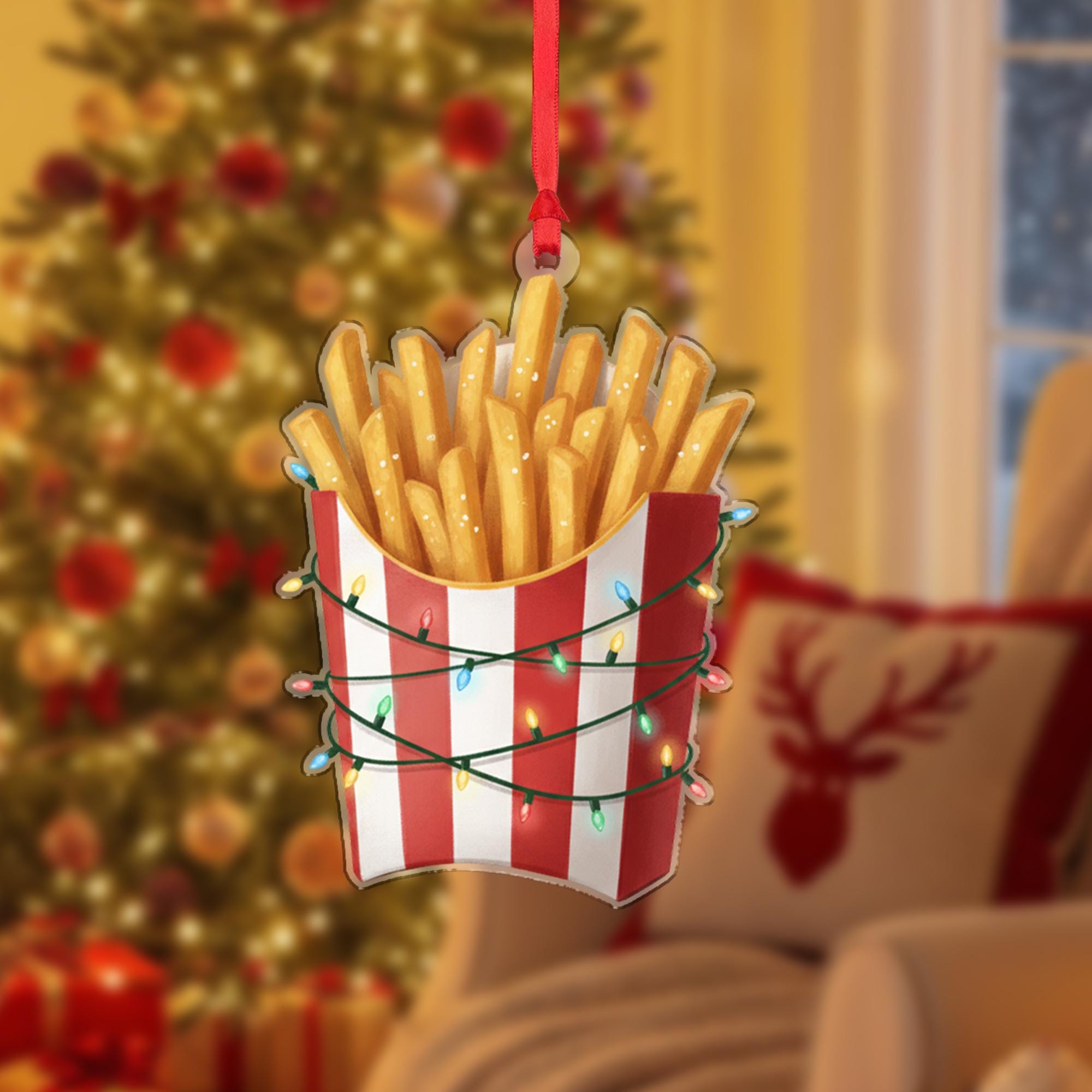 French Fries Ornament with Striped Box and String Lights, Fast Food Style Christmas Decoration