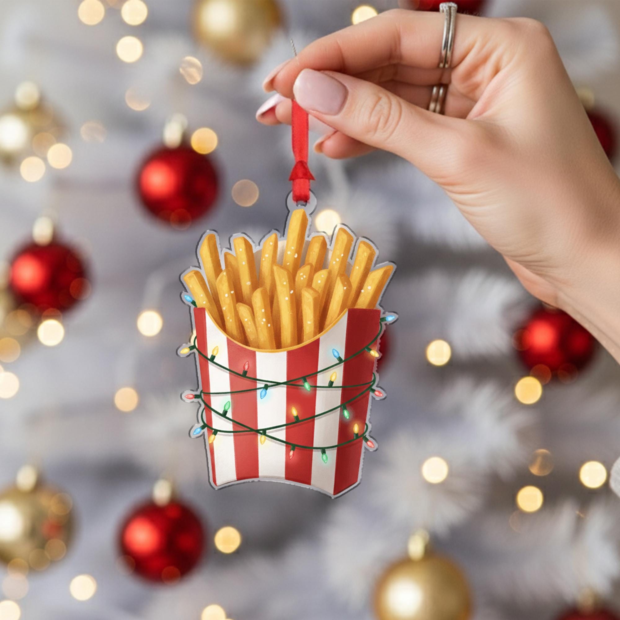 French Fries Ornament with Striped Box and String Lights, Fast Food Style Christmas Decoration