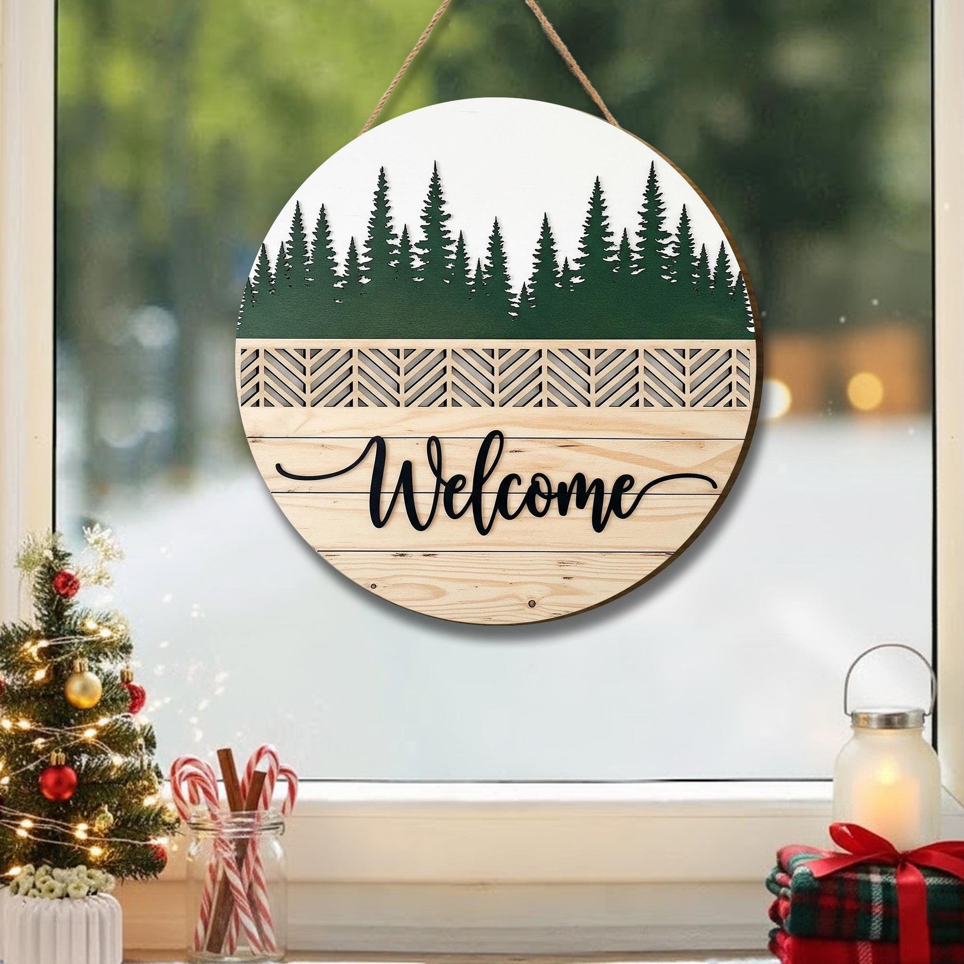 Personalized Wooden Welcome Sign - Forest Silhouette Door, Wall Decor
