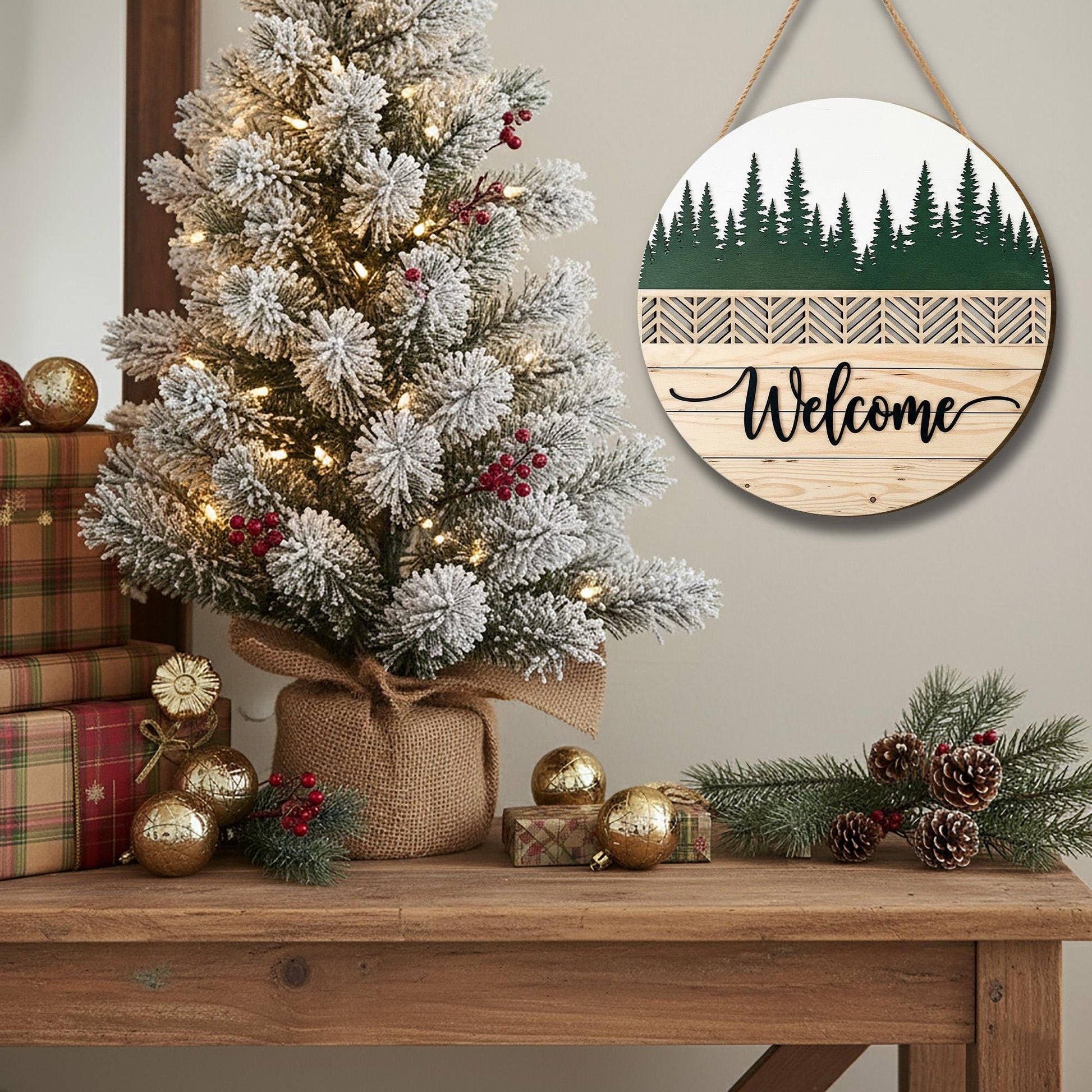 Personalized Wooden Welcome Sign - Forest Silhouette Door, Wall Decor