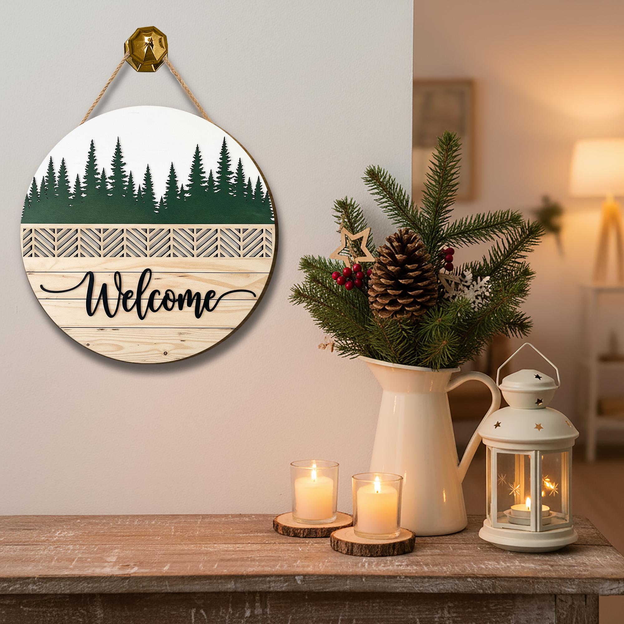 Personalized Wooden Welcome Sign - Forest Silhouette Door, Wall Decor