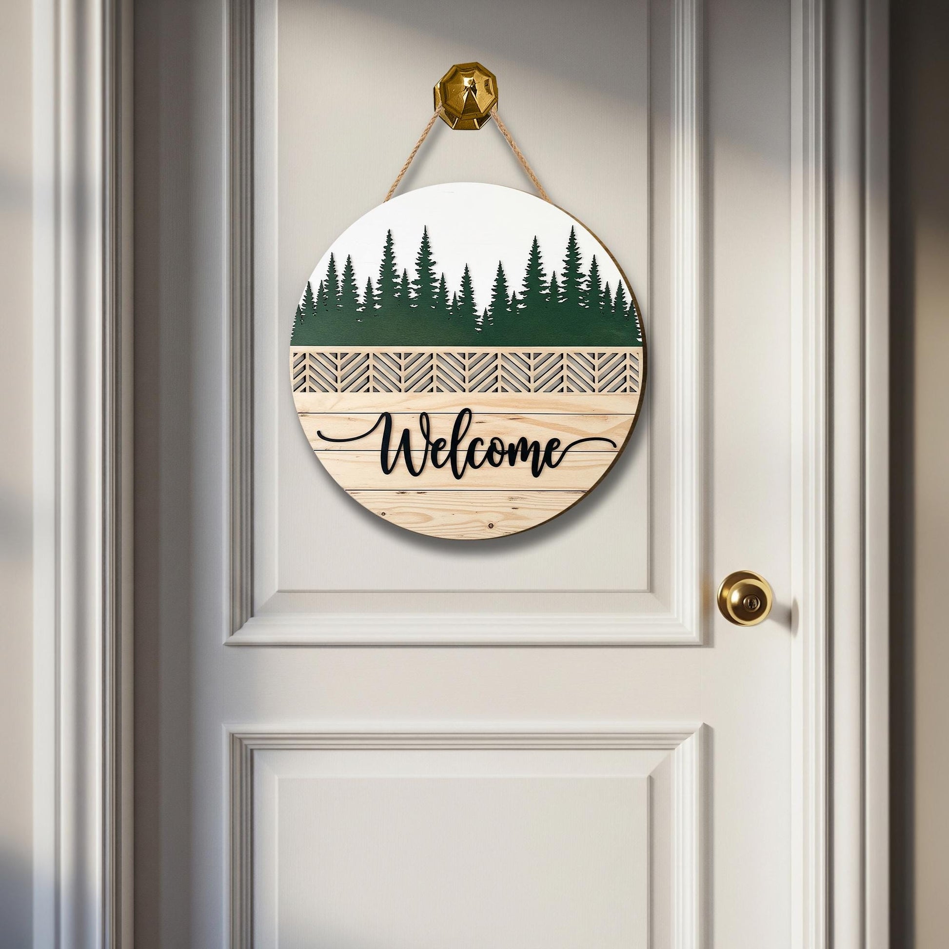 Personalized Wooden Welcome Sign - Forest Silhouette Door, Wall Decor