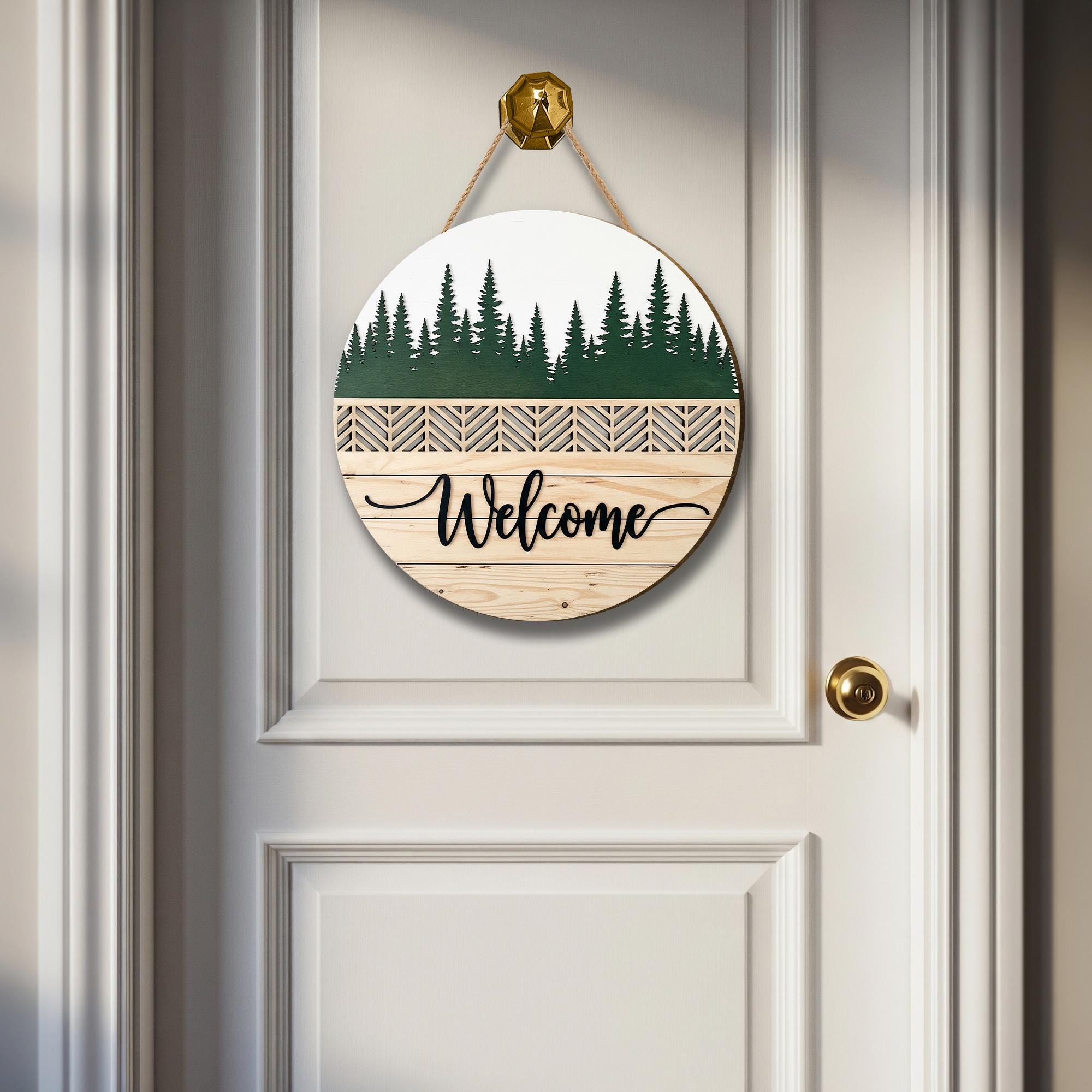 Personalized Wooden Welcome Sign - Forest Silhouette Door, Wall Decor
