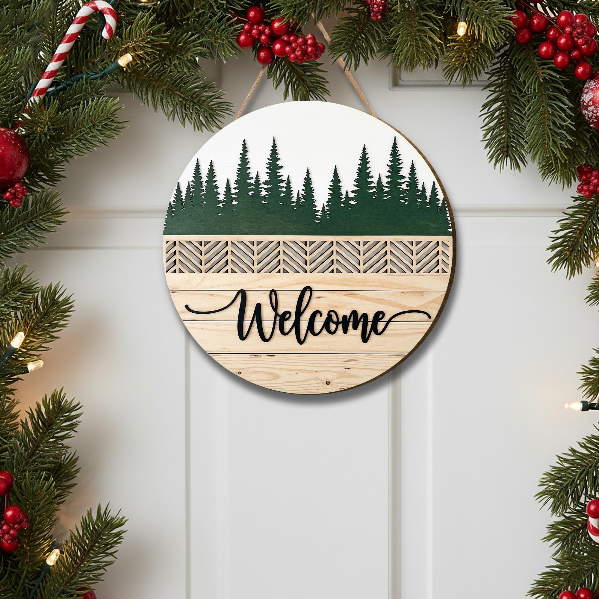 Personalized Wooden Welcome Sign - Forest Silhouette Door, Wall Decor