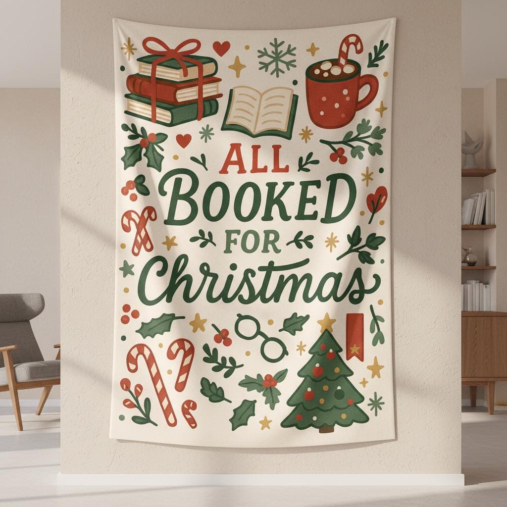 All Booked for Christmas Tapestry – Book Lover Holiday Wall Hanging, Cozy Reading Decor Gift