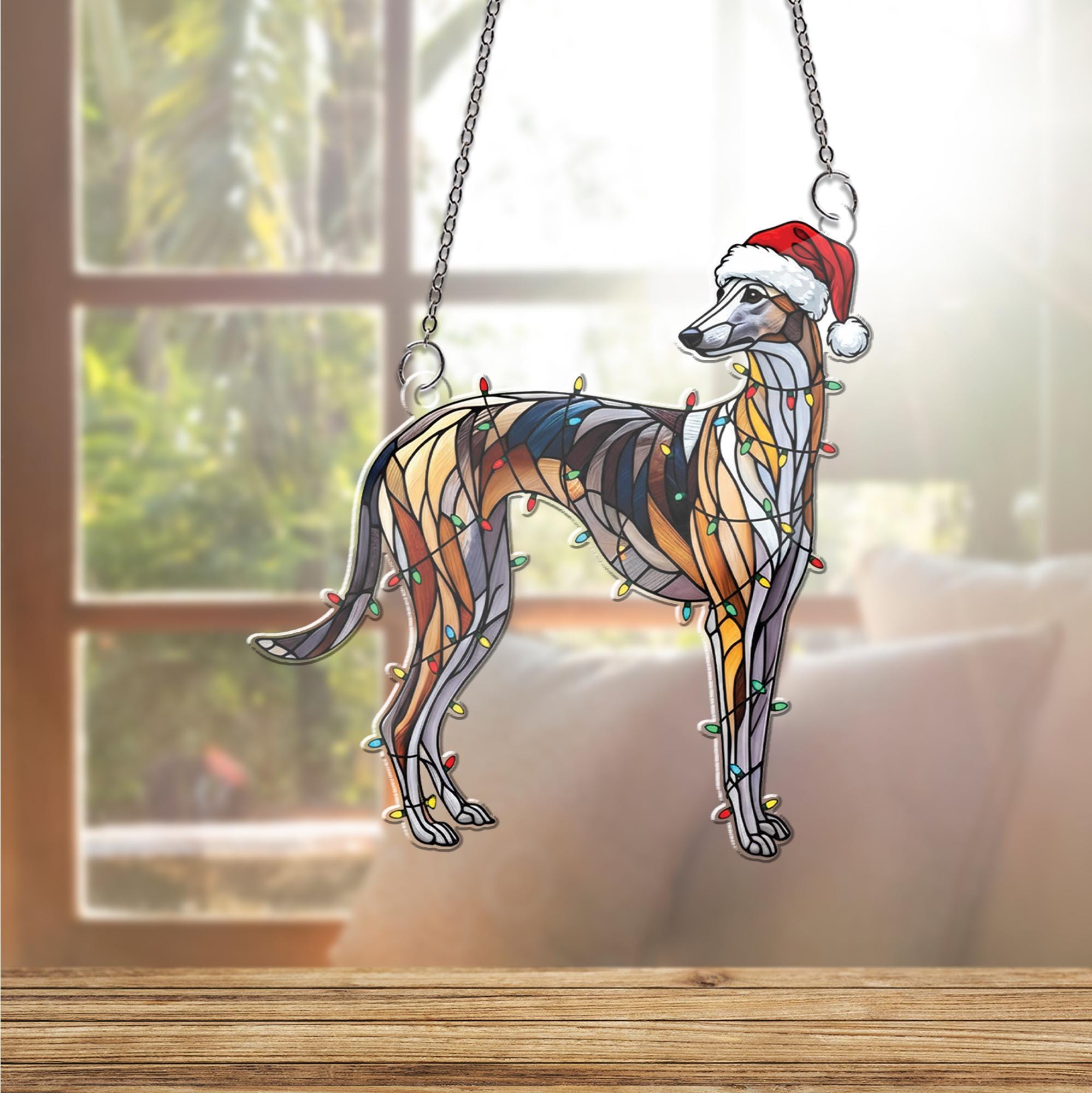 Greyhound Acrylic Window Hanging: whippet Dog Holiday Light Decor