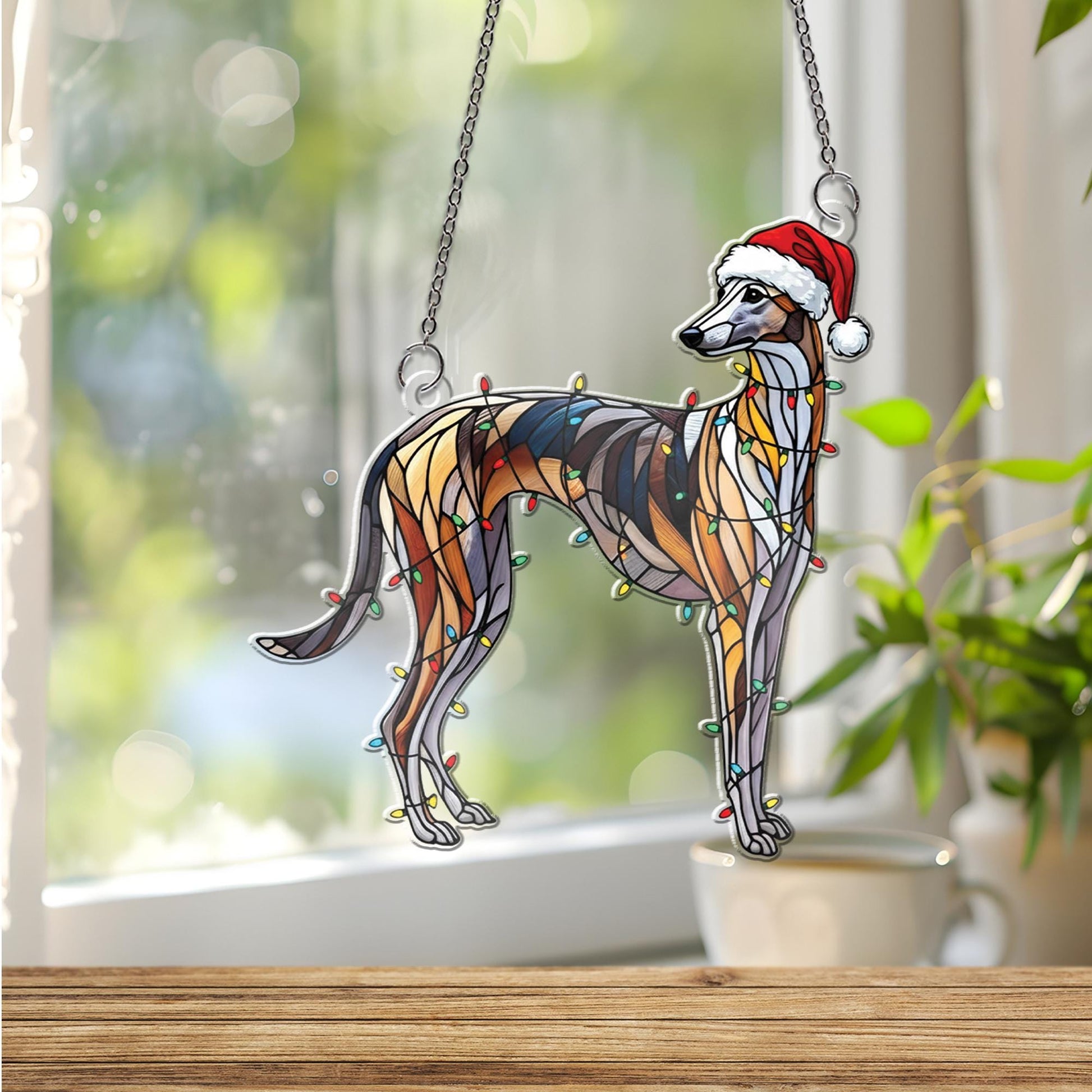 Greyhound Acrylic Window Hanging: whippet Dog Holiday Light Decor