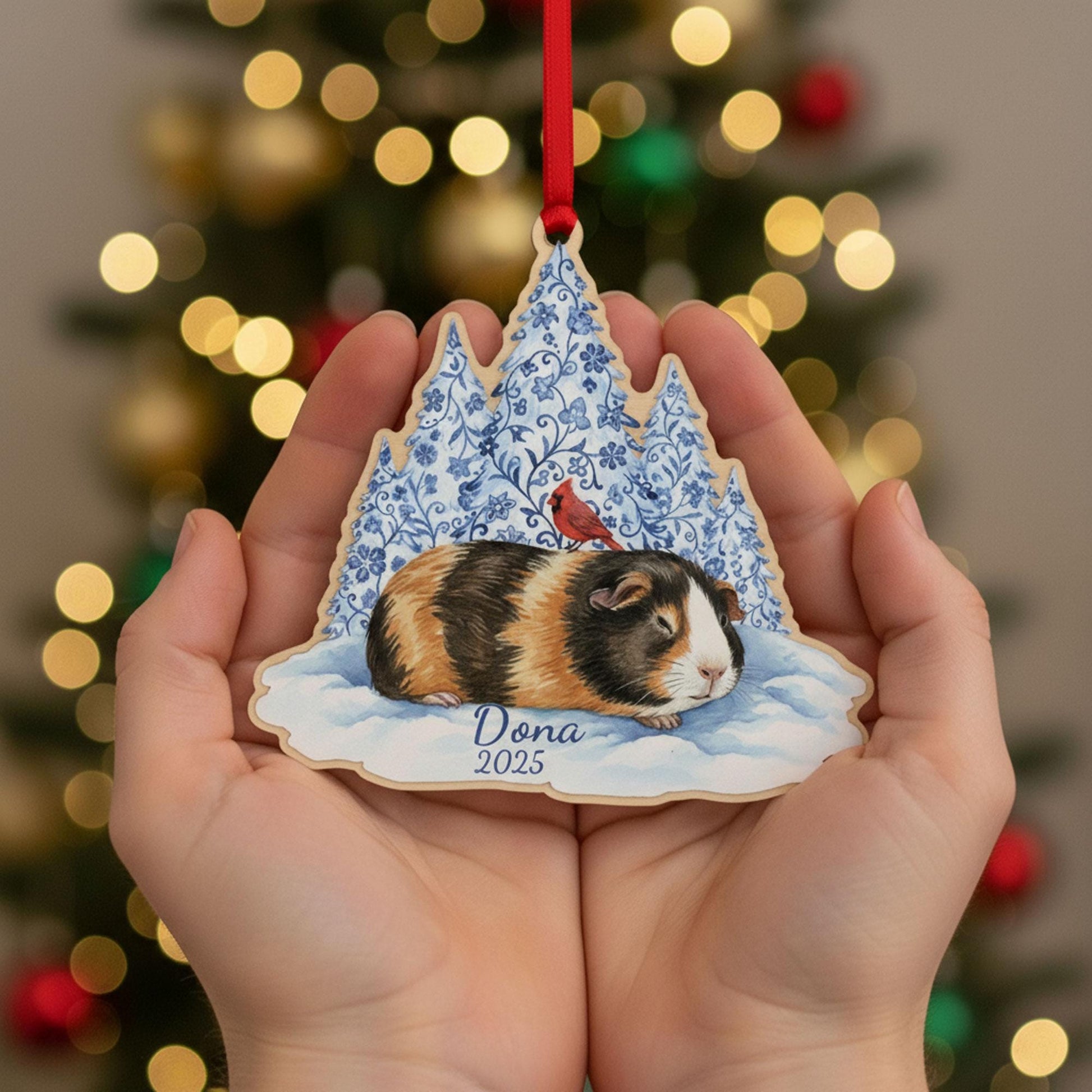 Acrylic Guinea Pig Ornament: Pet Memorial Portrait Calico Winter
