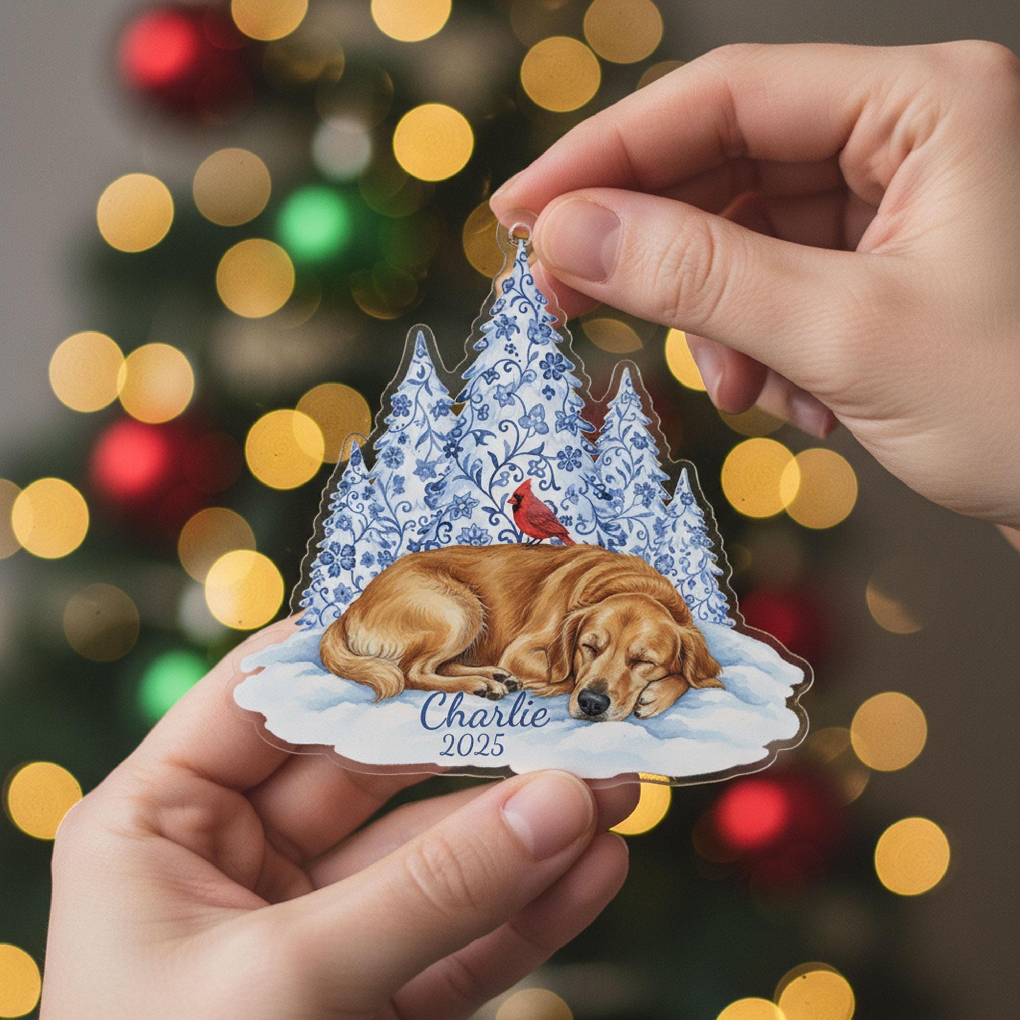 Acrylic Dog Ornament: Golden Retriever Memorial Portrait Winter