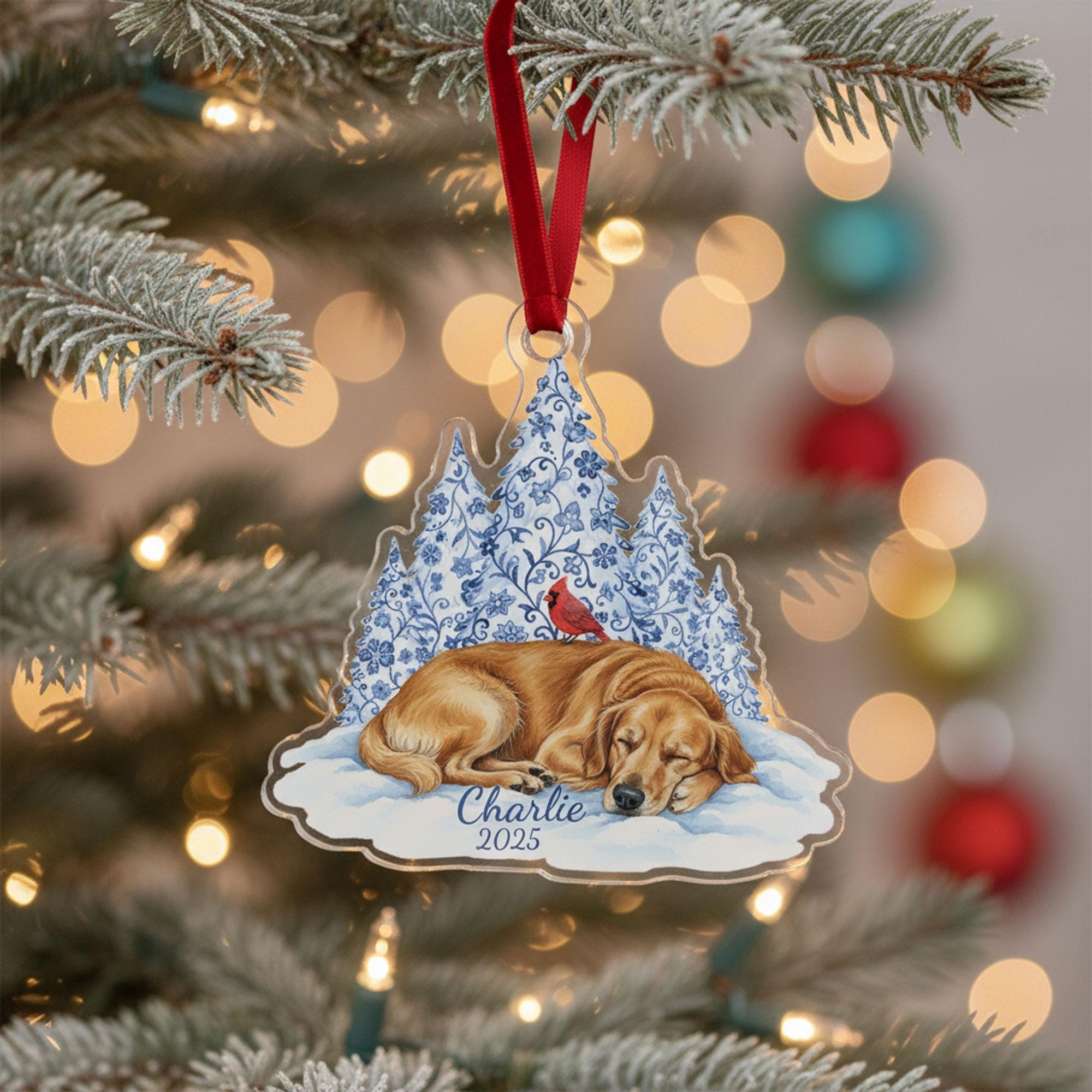 Acrylic Dog Ornament: Golden Retriever Memorial Portrait Winter