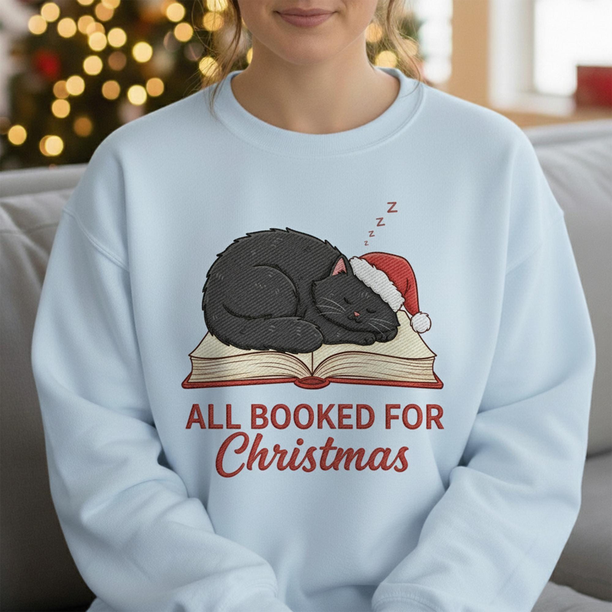 Embroidered Crewneck: Funny Christmas Sweatshirt Black Cat Book