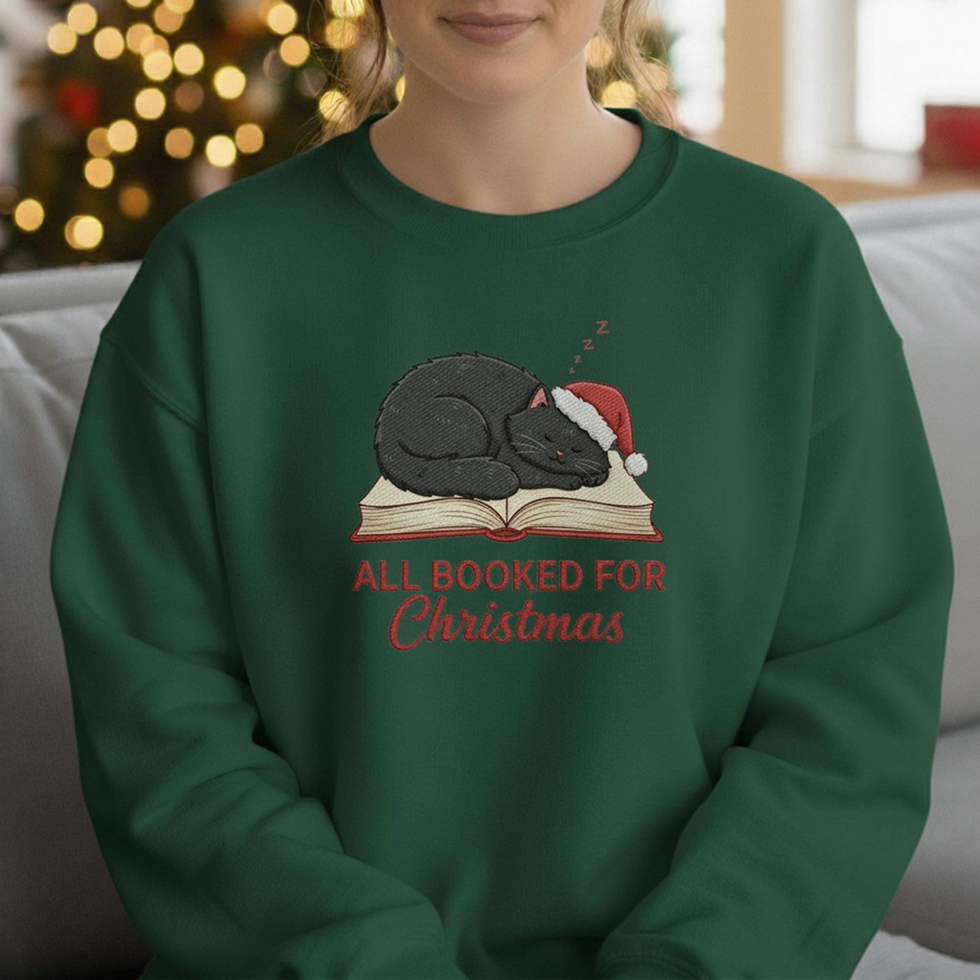 Embroidered Crewneck: Funny Christmas Sweatshirt Black Cat Book