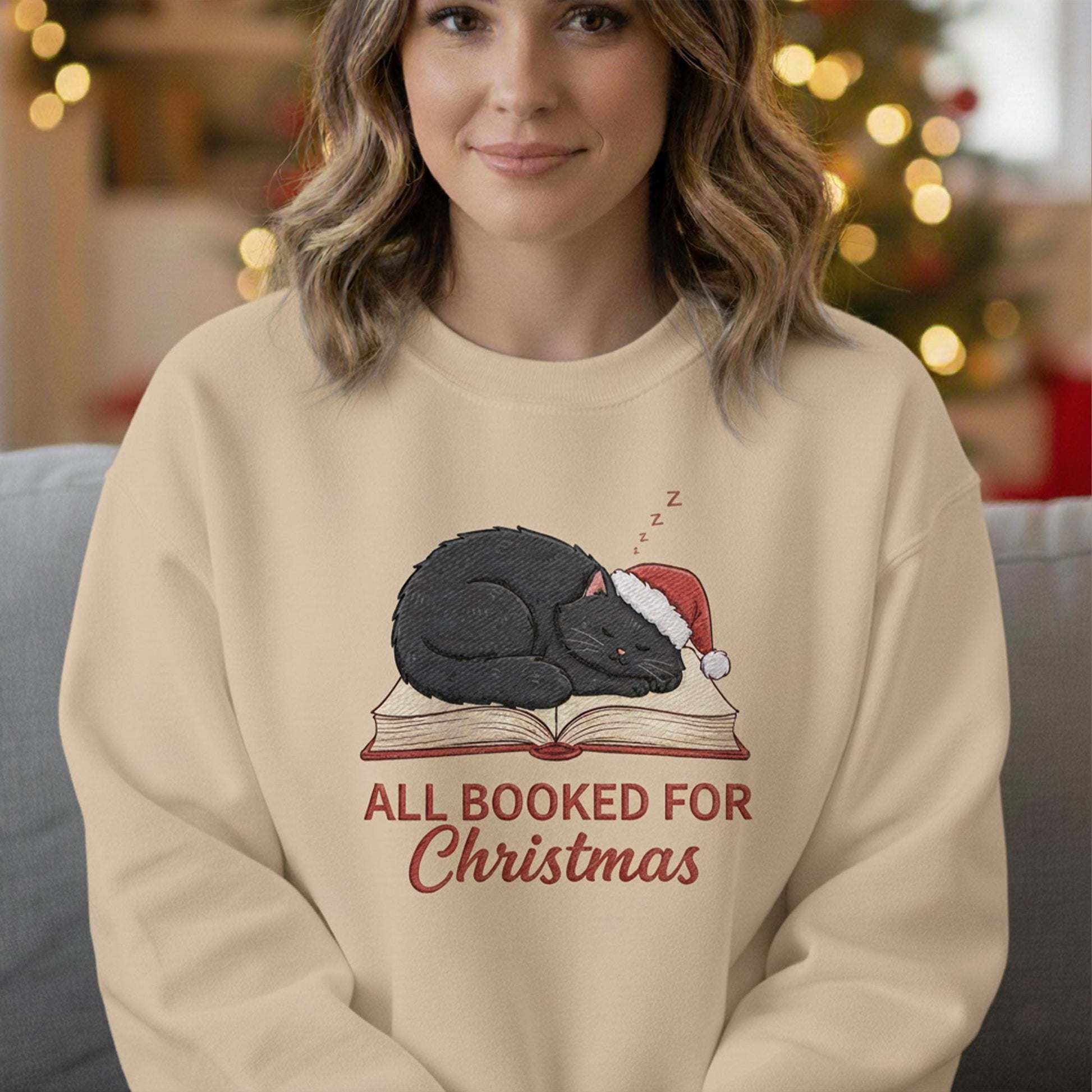 Embroidered Crewneck: Funny Christmas Sweatshirt Black Cat Book
