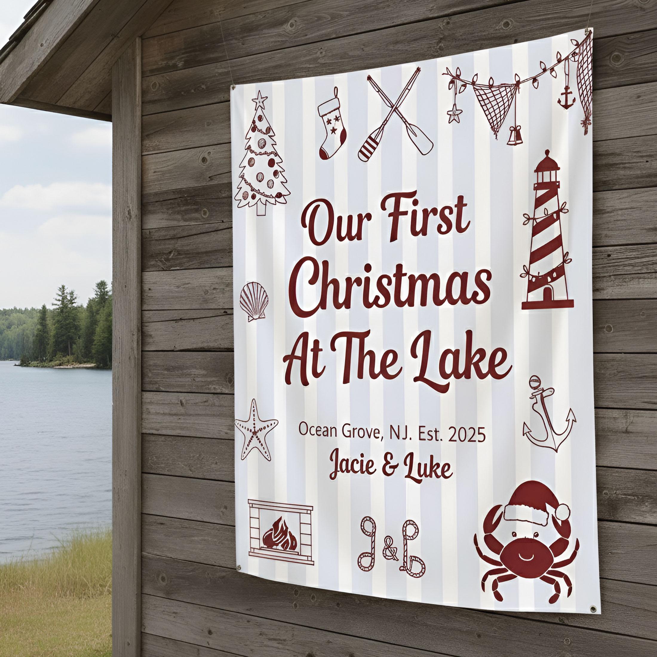 Custom First Christmas At Lake Tapestry: Rustic Christmas Theme Backdrop