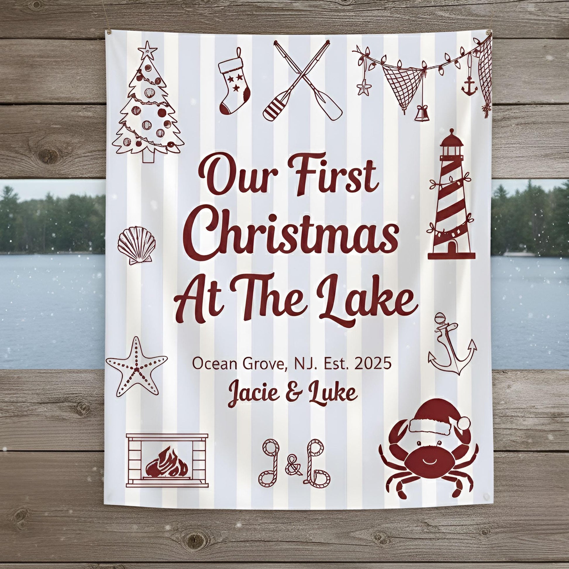 Custom First Christmas At Lake Tapestry: Rustic Christmas Theme Backdrop
