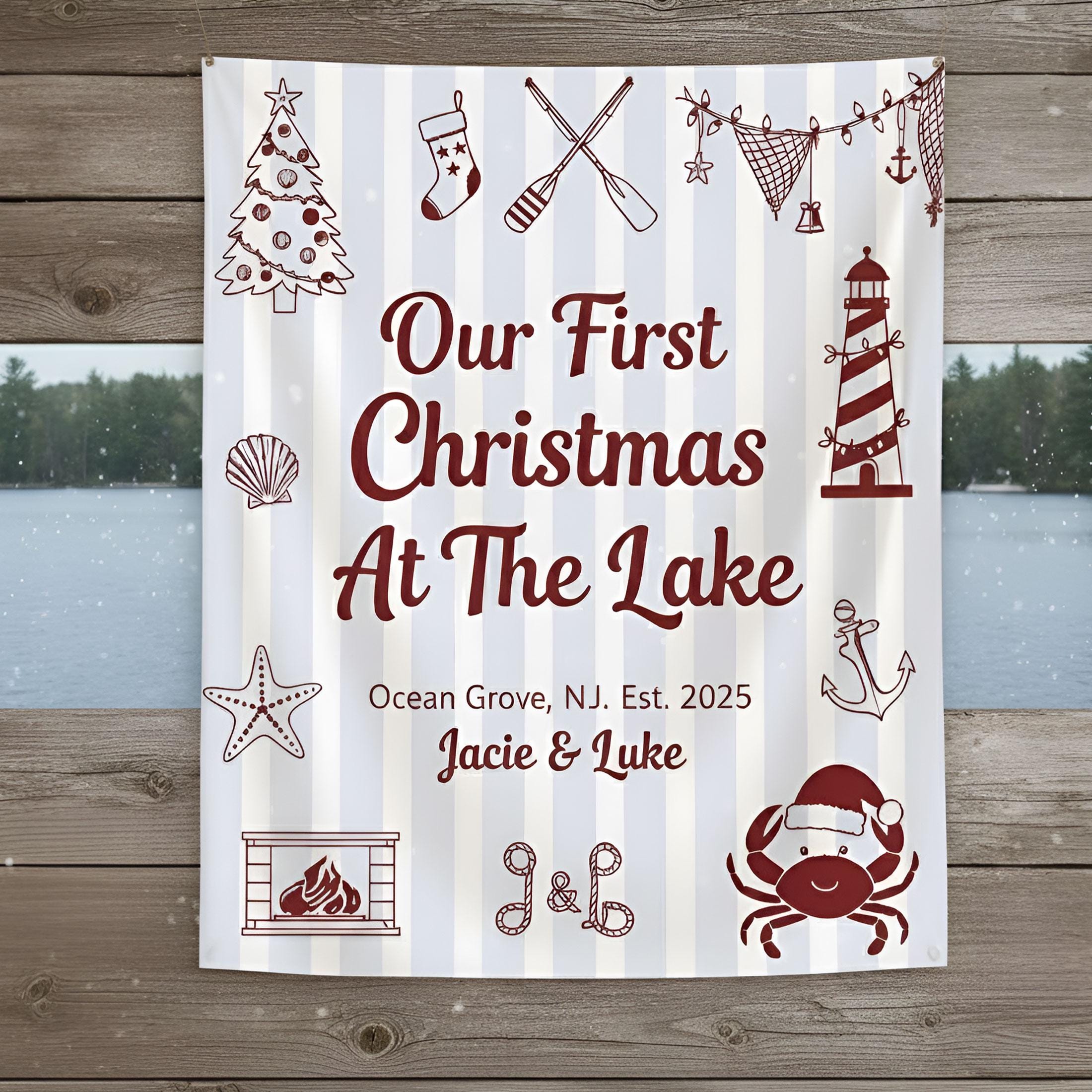 Custom First Christmas At Lake Tapestry: Rustic Christmas Theme Backdrop