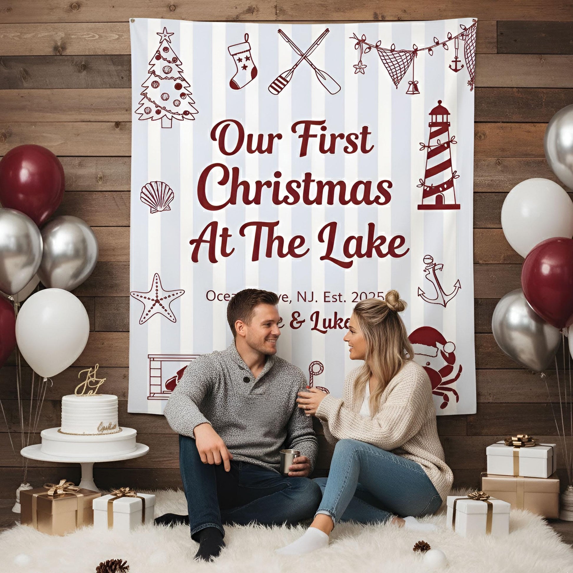 Custom First Christmas At Lake Tapestry: Rustic Christmas Theme Backdrop
