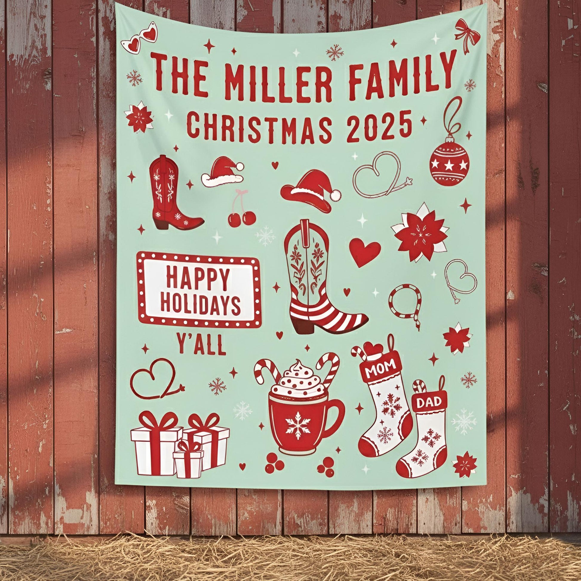 Custom Western Family Christmas Backdrop: Rustic Holiday Banner Cowboy Boots Festive Southern Decor