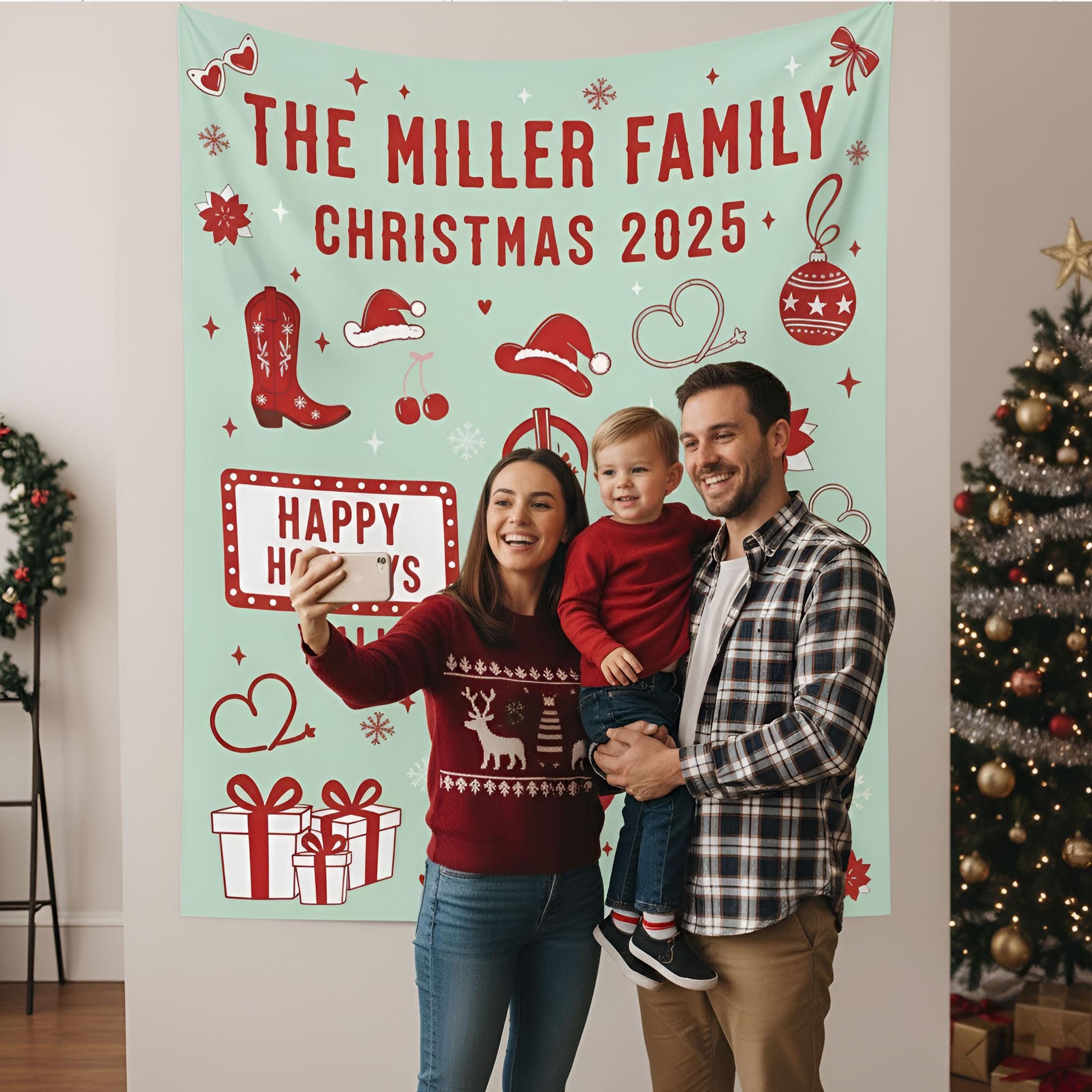 Custom Western Family Christmas Backdrop: Rustic Holiday Banner Cowboy Boots Festive Southern Decor