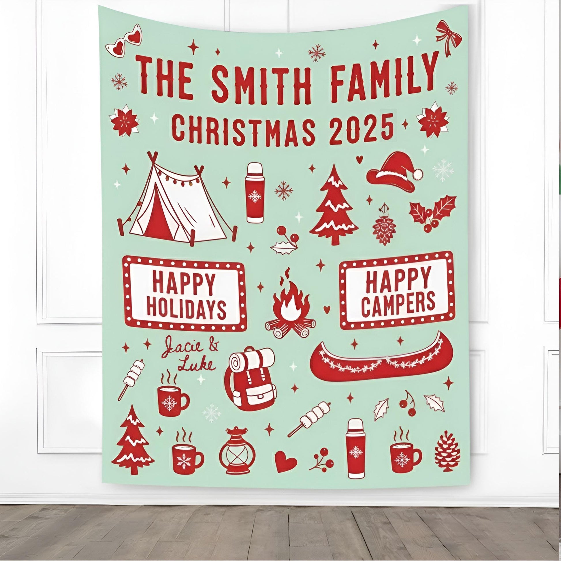Custom Camping Family Christmas Backdrop: Personalized Holiday Banner with Tent
