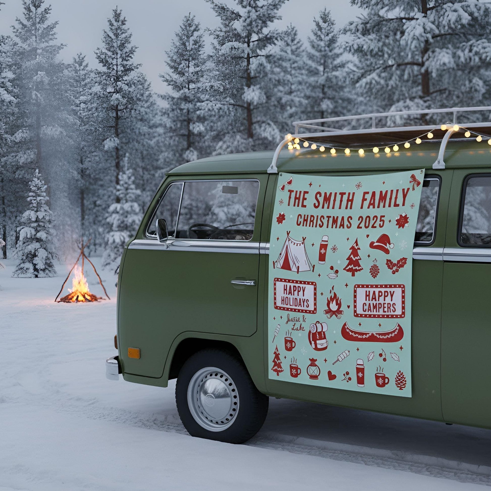 Custom Camping Family Christmas Backdrop: Personalized Holiday Banner with Tent