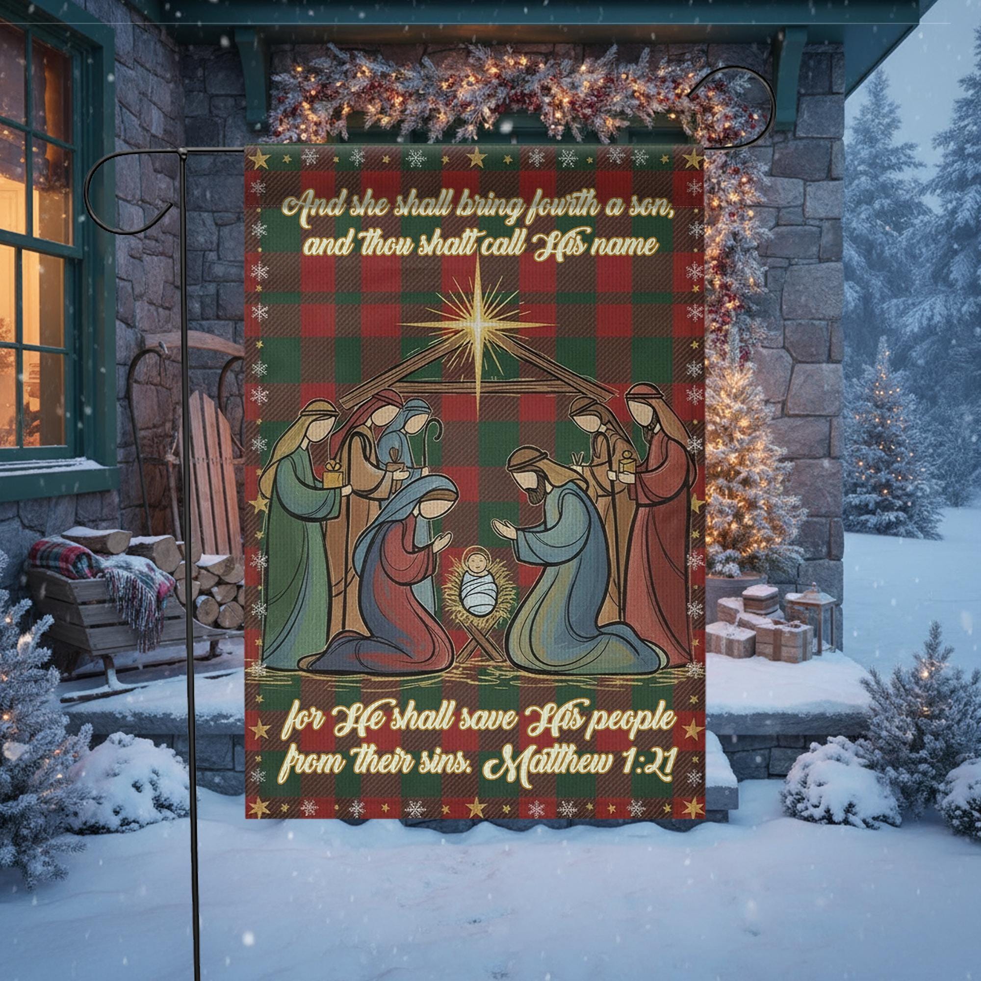 Nativity Scene Bible Verse Christmas Flag: Outdoor Holiday Banner Religious Decor