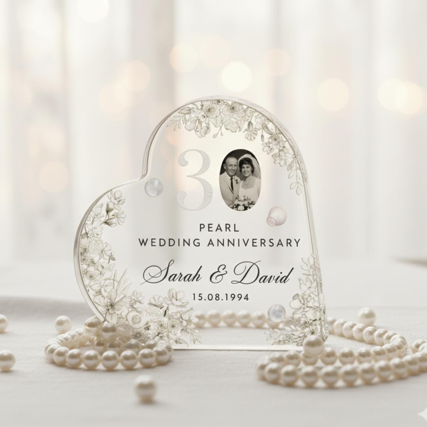 30th Anniversary Acrylic Plaque Heart Shape Custom Photo Pearl Wedding Decor