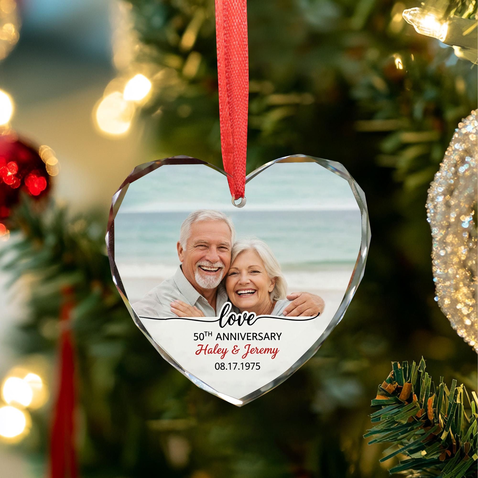 Personalized Anniversary Ornament – Heart Shaped Decoration with Photo and Names
