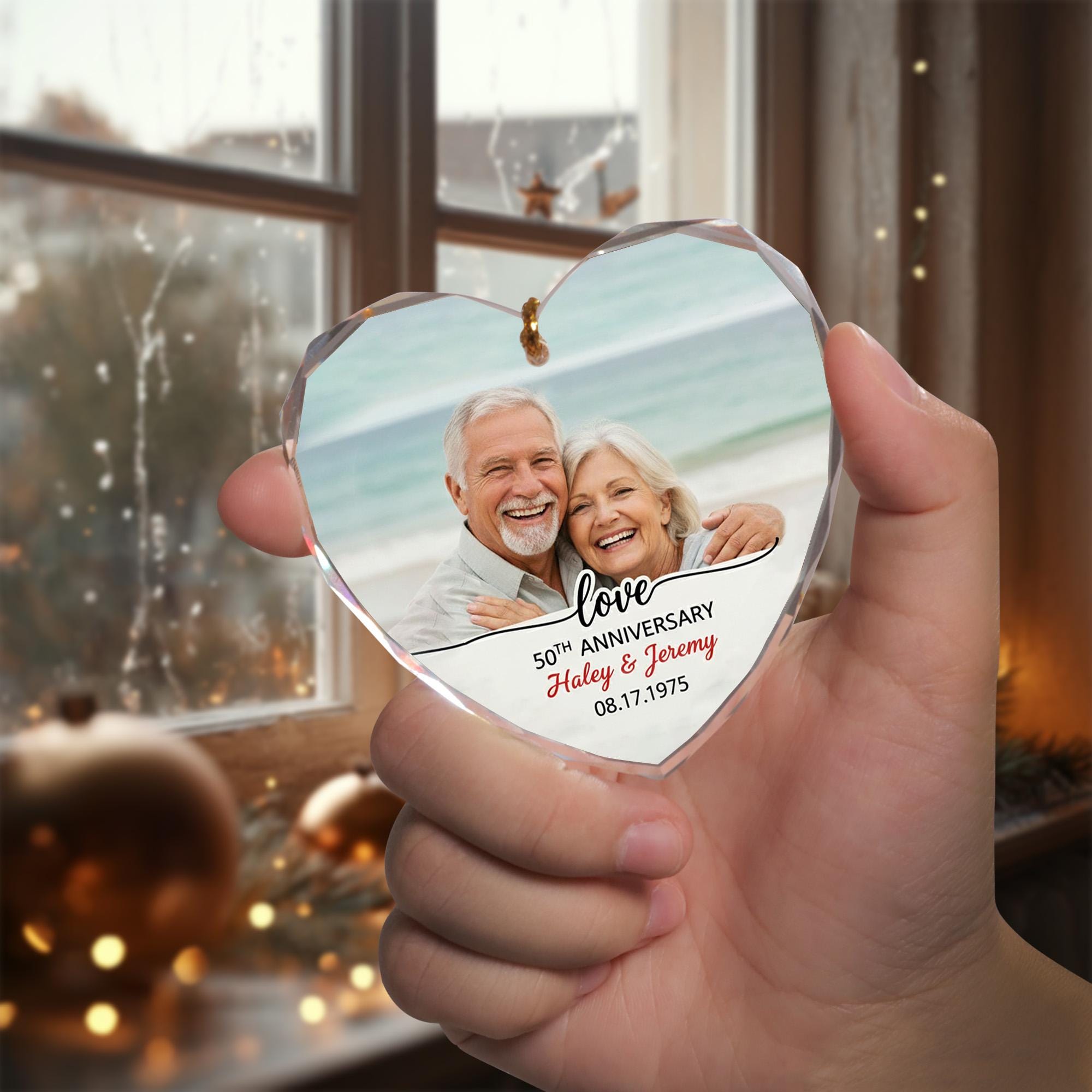 Personalized Anniversary Ornament – Heart Shaped Decoration with Photo and Names