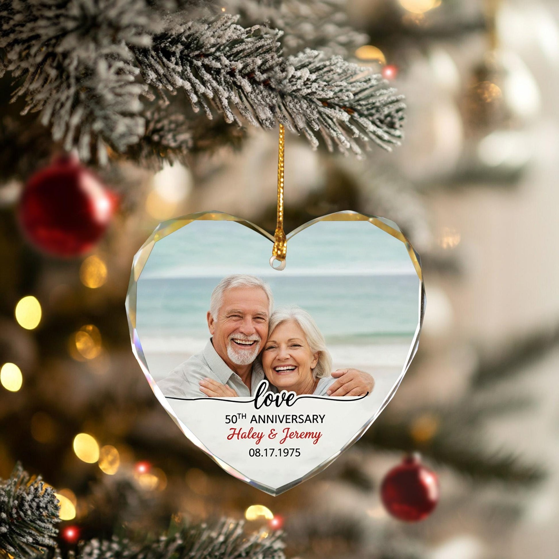 Personalized Anniversary Ornament – Heart Shaped Decoration with Photo and Names