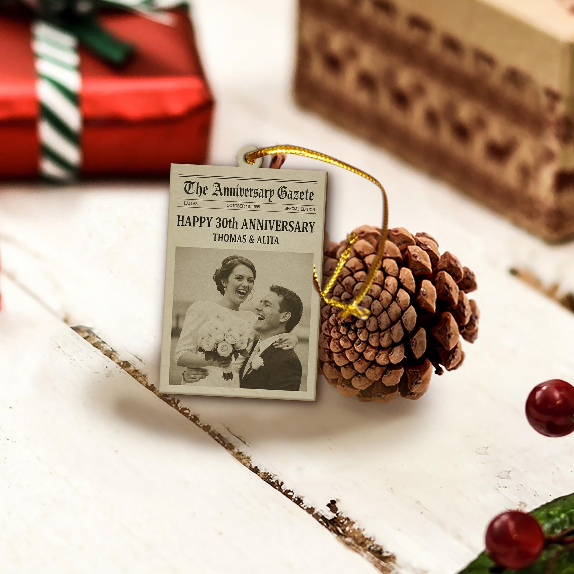 Personalized Anniversary Ornament – Newspaper Design Photo Keepsake, 30th Wedding Decoration
