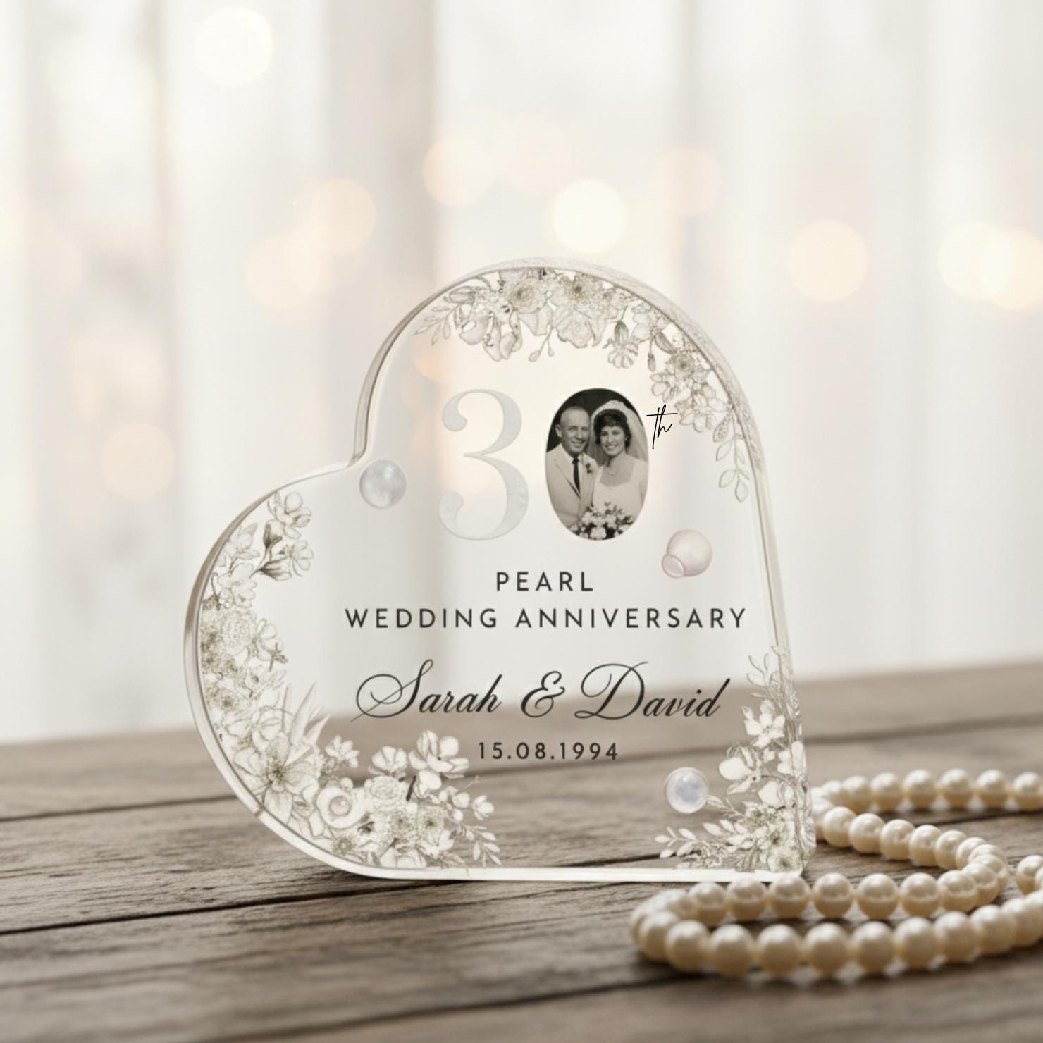 30th Anniversary Acrylic Plaque Heart Shape Custom Photo Pearl Wedding Decor