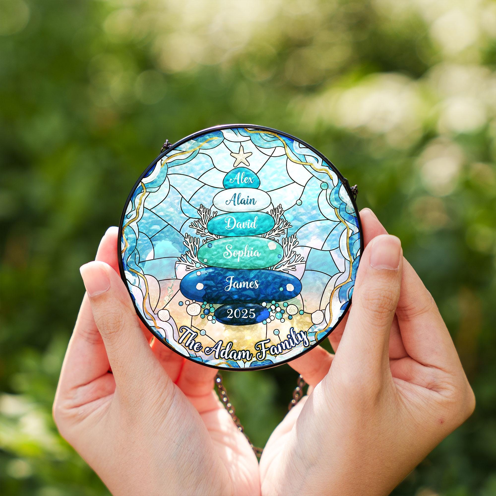 Personalized Sea Glass Tree Suncatcher: Family Name Coastal Christmas Ornament