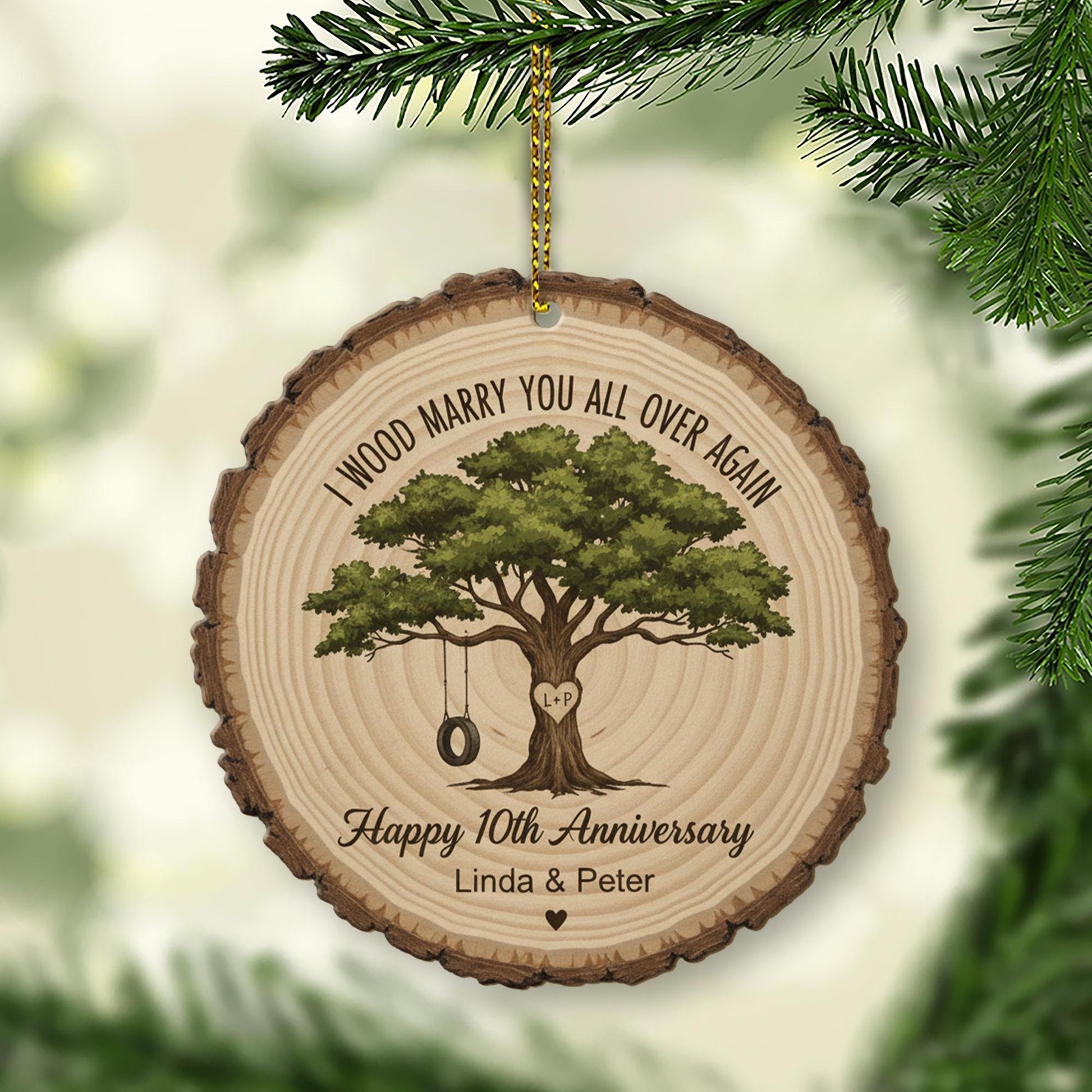 Personalized Anniversary Ornament – Custom Tree Design Wood Slice Keepsake