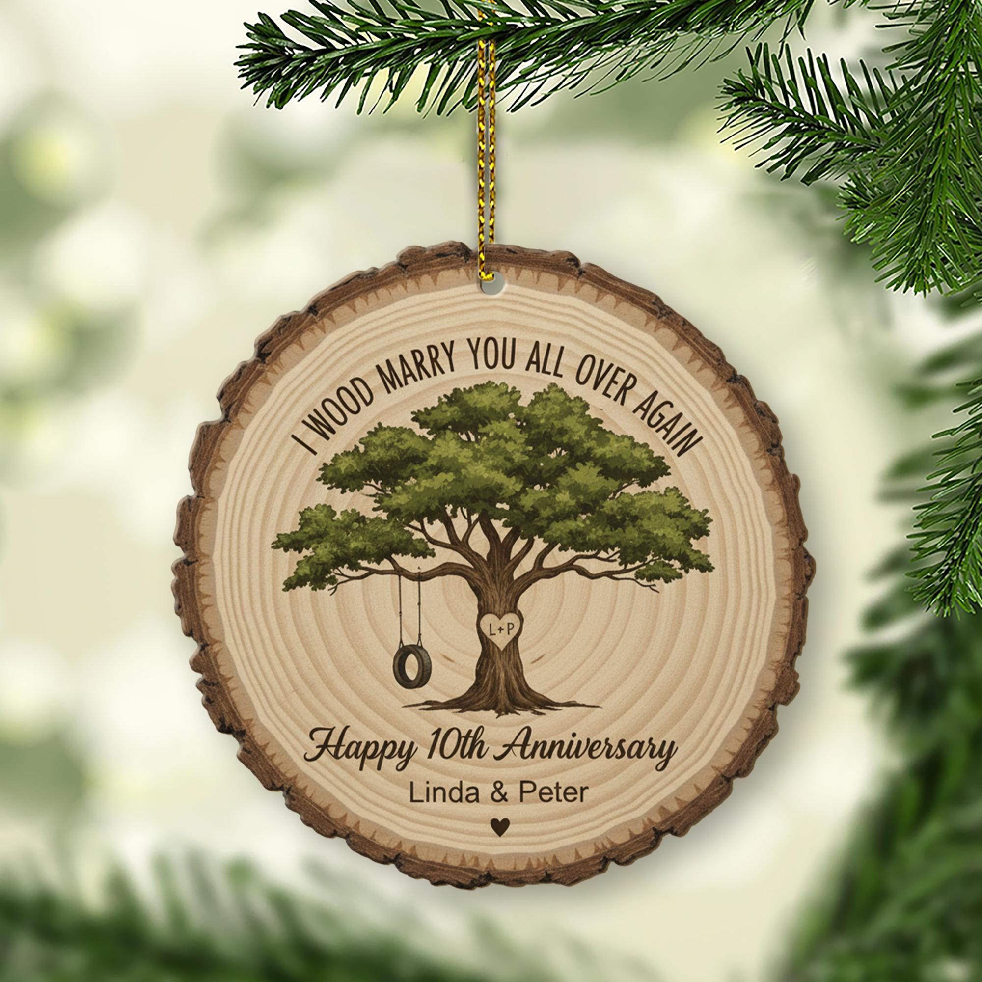 Personalized Anniversary Ornament – Custom Tree Design Wood Slice Keepsake