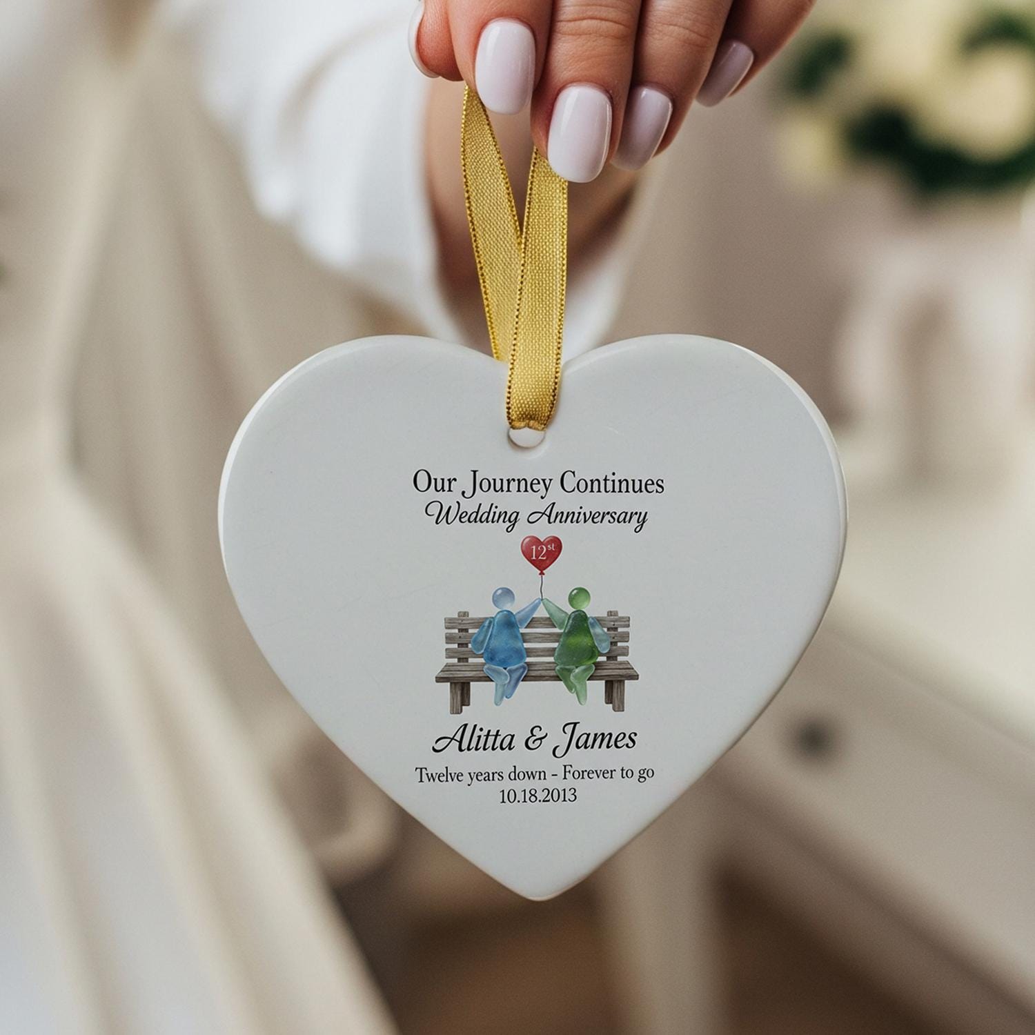 Personalized Heart Anniversary Ornament – Custom Ceramic Design with Names and Date