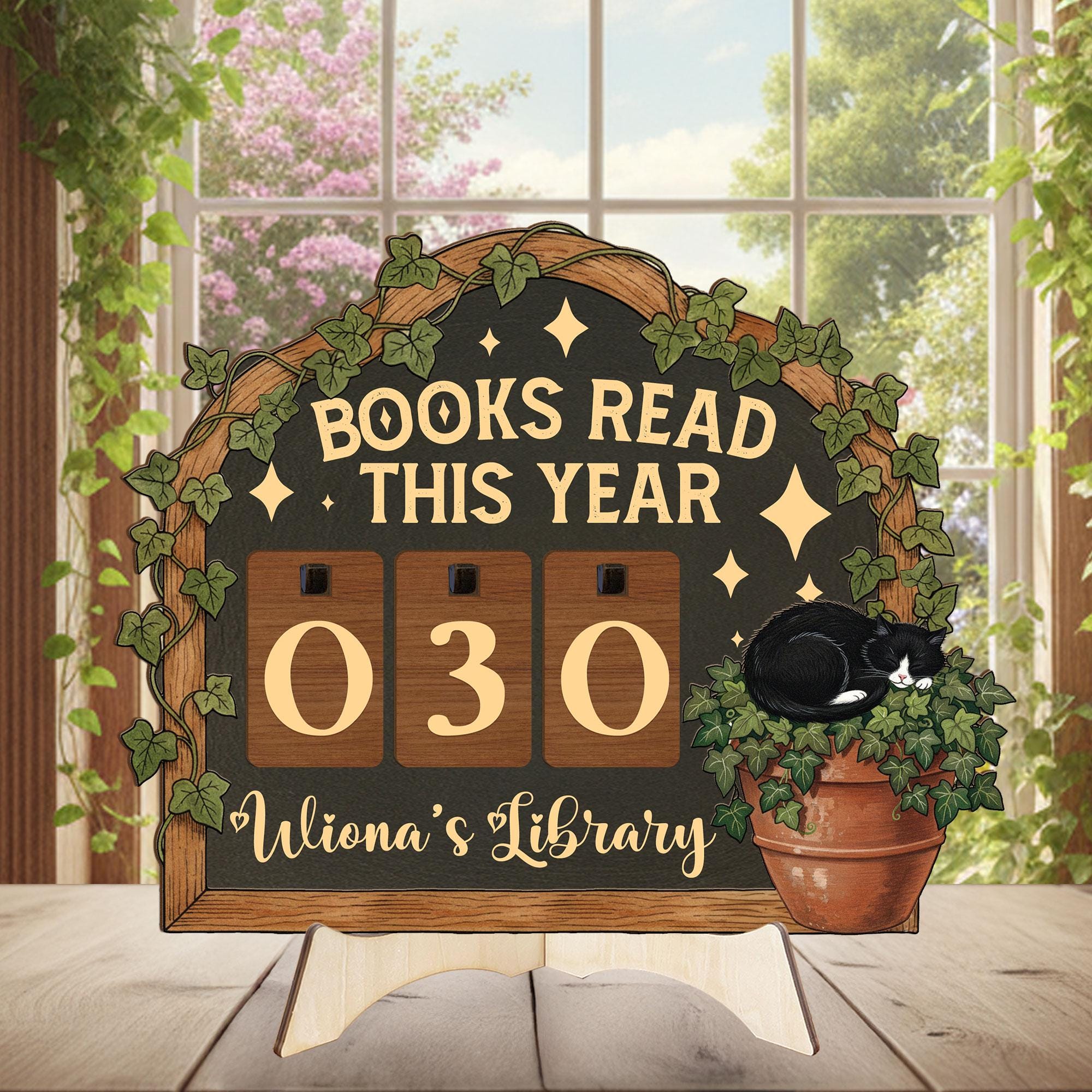 Books Read This Year Tracker: Tuxedo Cat & Ivy Plant Sign, Cozy Reader Counter