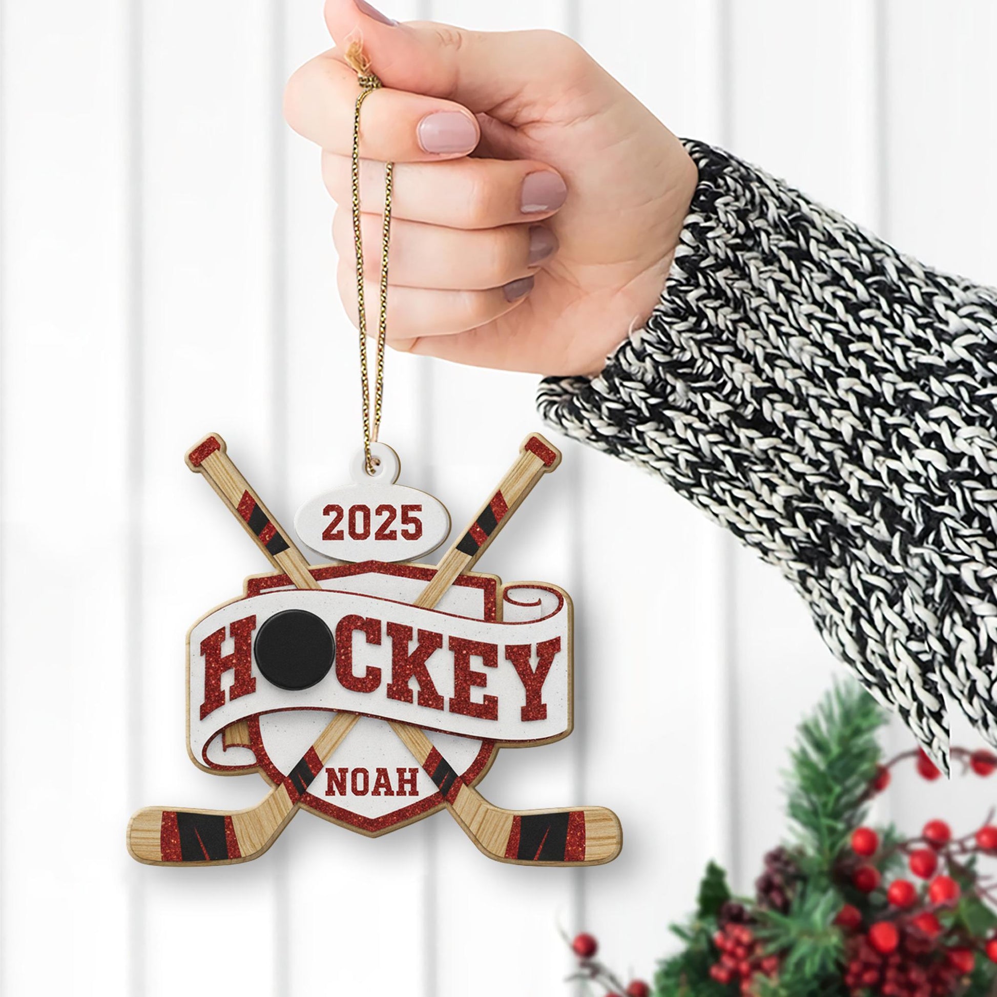 Personalized Hockey Ornament – Custom Puck & Sticks, Christmas Tree Decoration