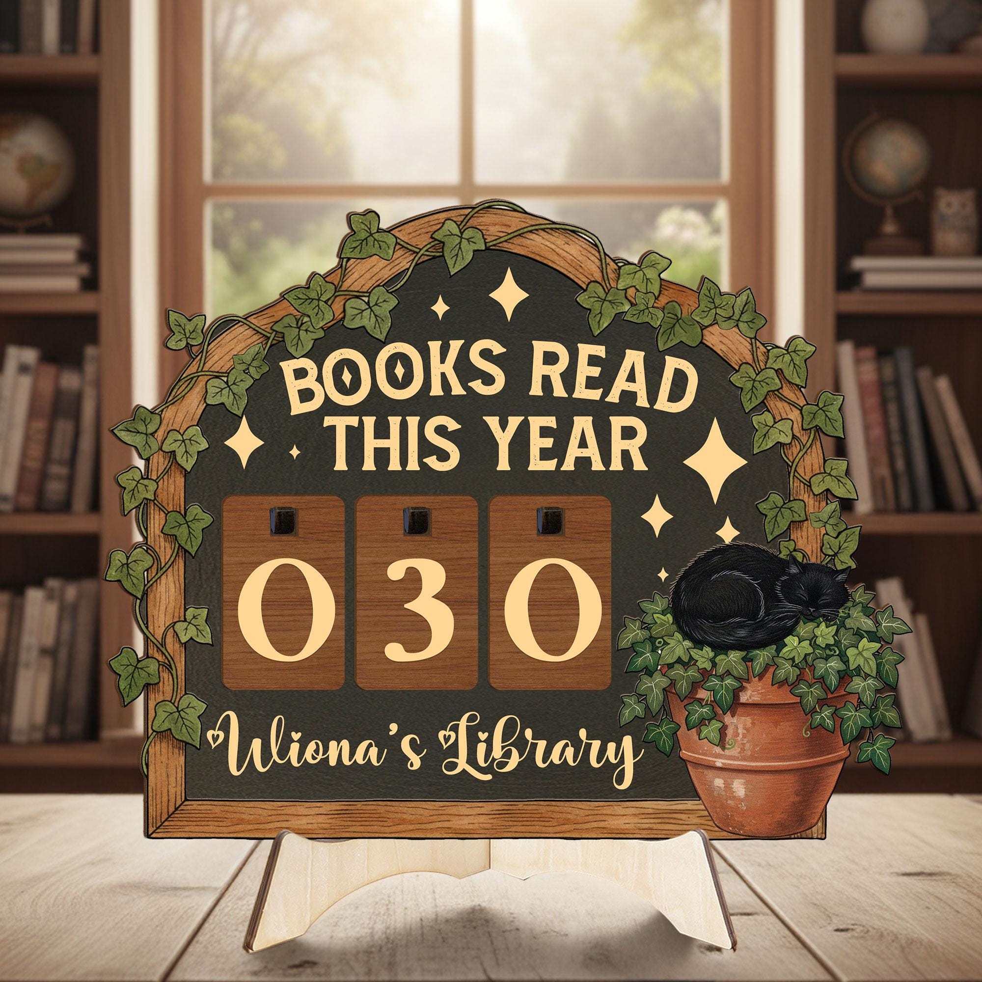 Books Read This Year Tracker: Black Cat & Ivy Plant Sign, Cozy Reader Counter
