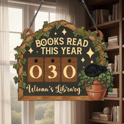 Books Read This Year Tracker: Black Cat & Ivy Plant Sign, Cozy Reader Counter