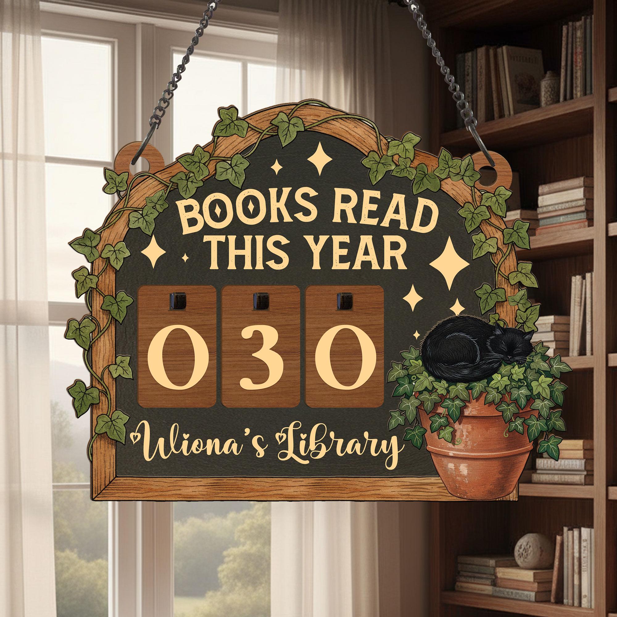 Books Read This Year Tracker: Black Cat & Ivy Plant Sign, Cozy Reader Counter