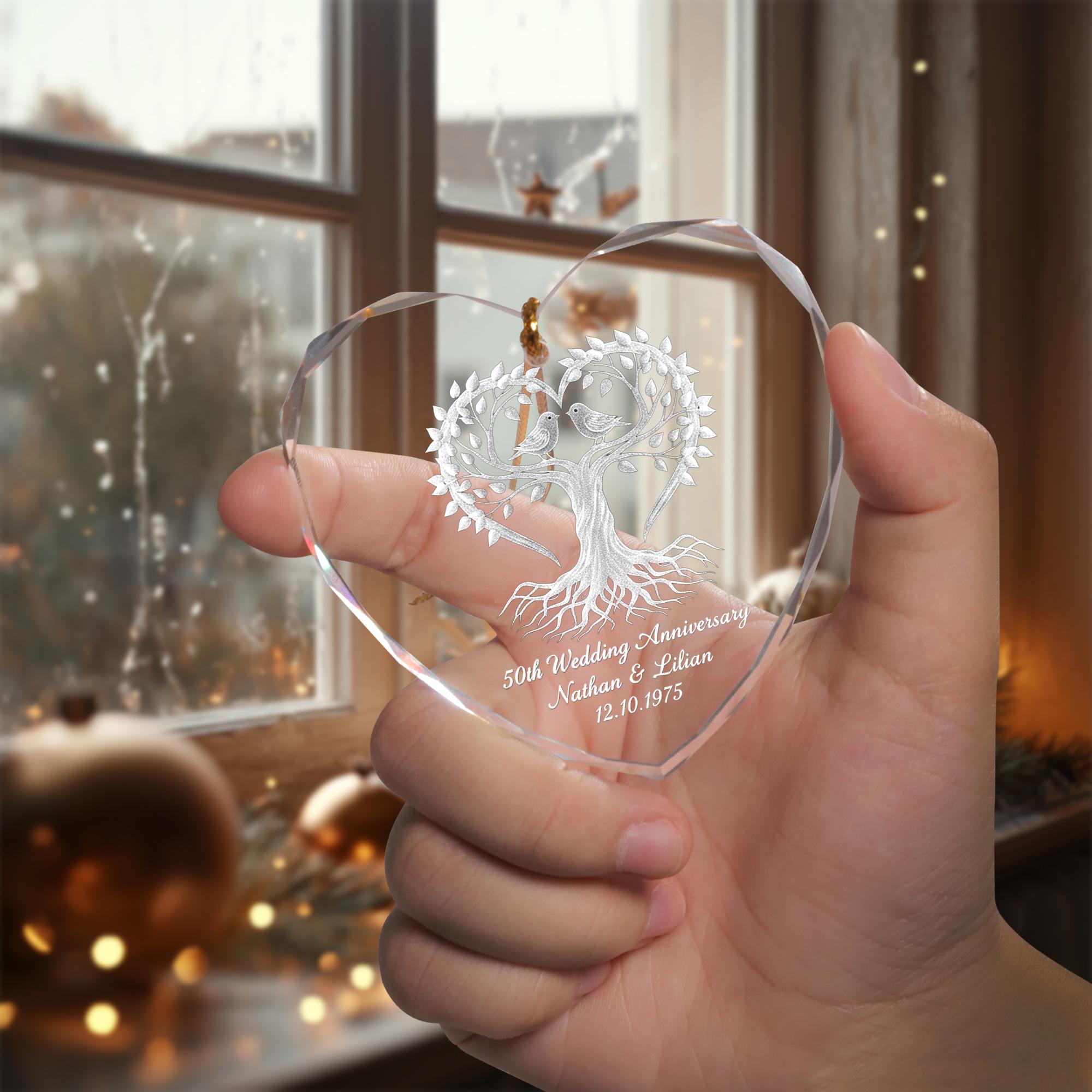 Personalized Glass Heart Ornament 50th Wedding Anniversary Tree Engraved Keepsake