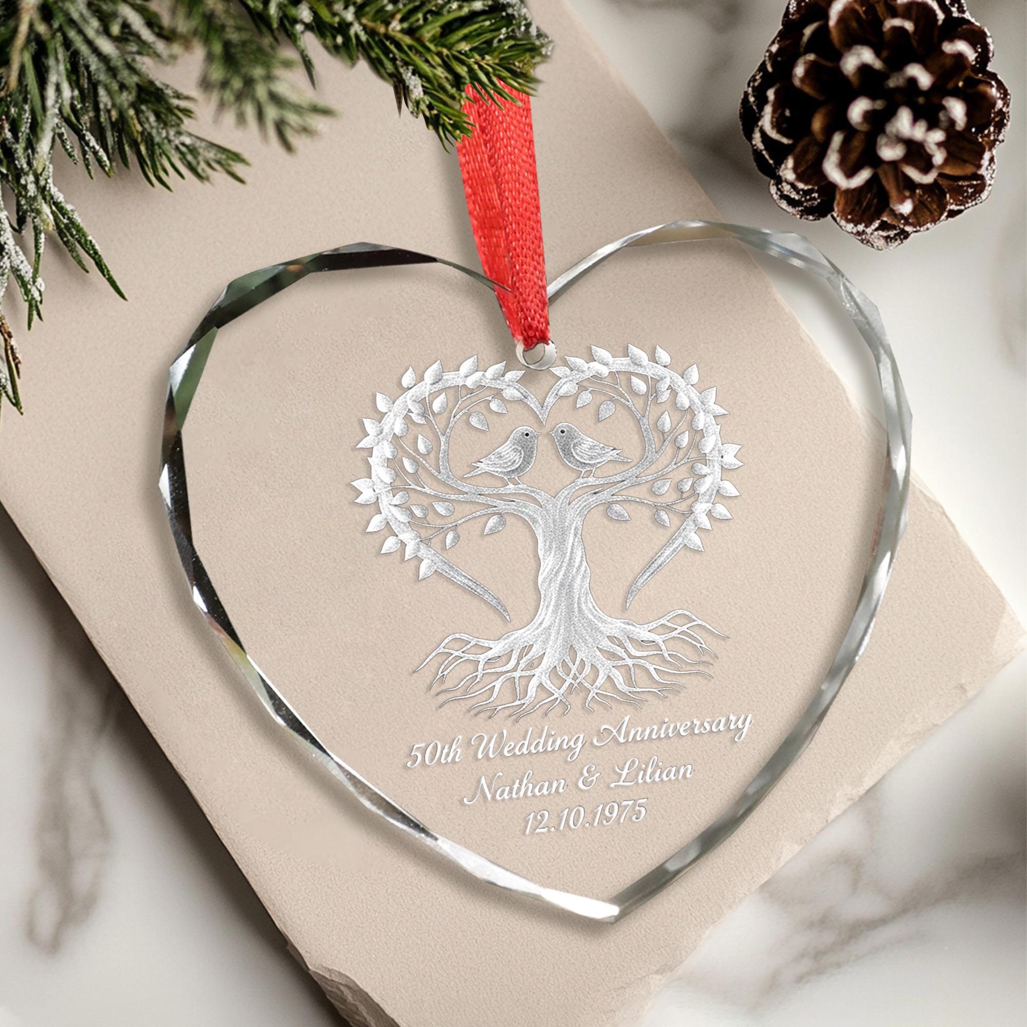 Personalized Glass Heart Ornament 50th Wedding Anniversary Tree Engraved Keepsake