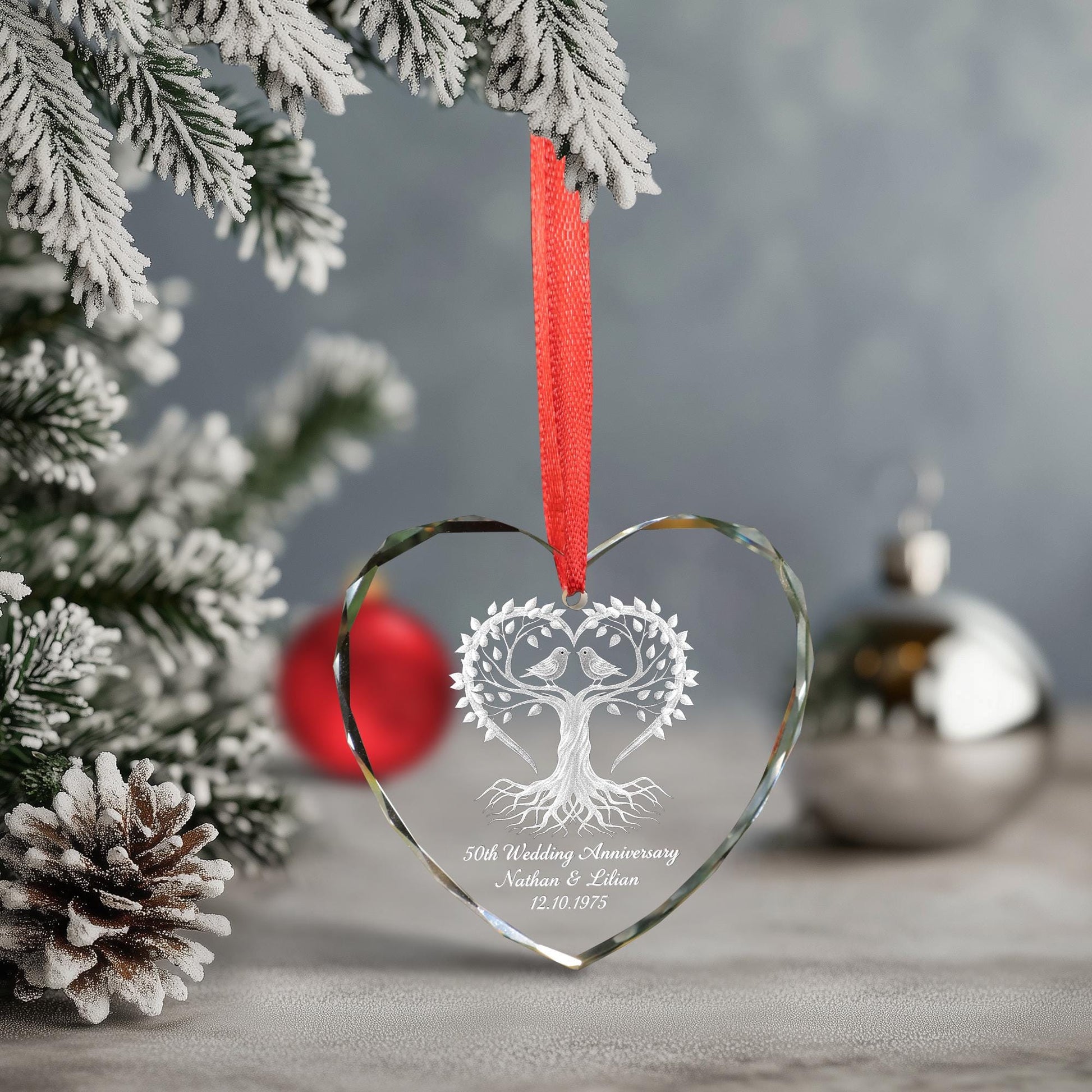 Personalized Glass Heart Ornament 50th Wedding Anniversary Tree Engraved Keepsake