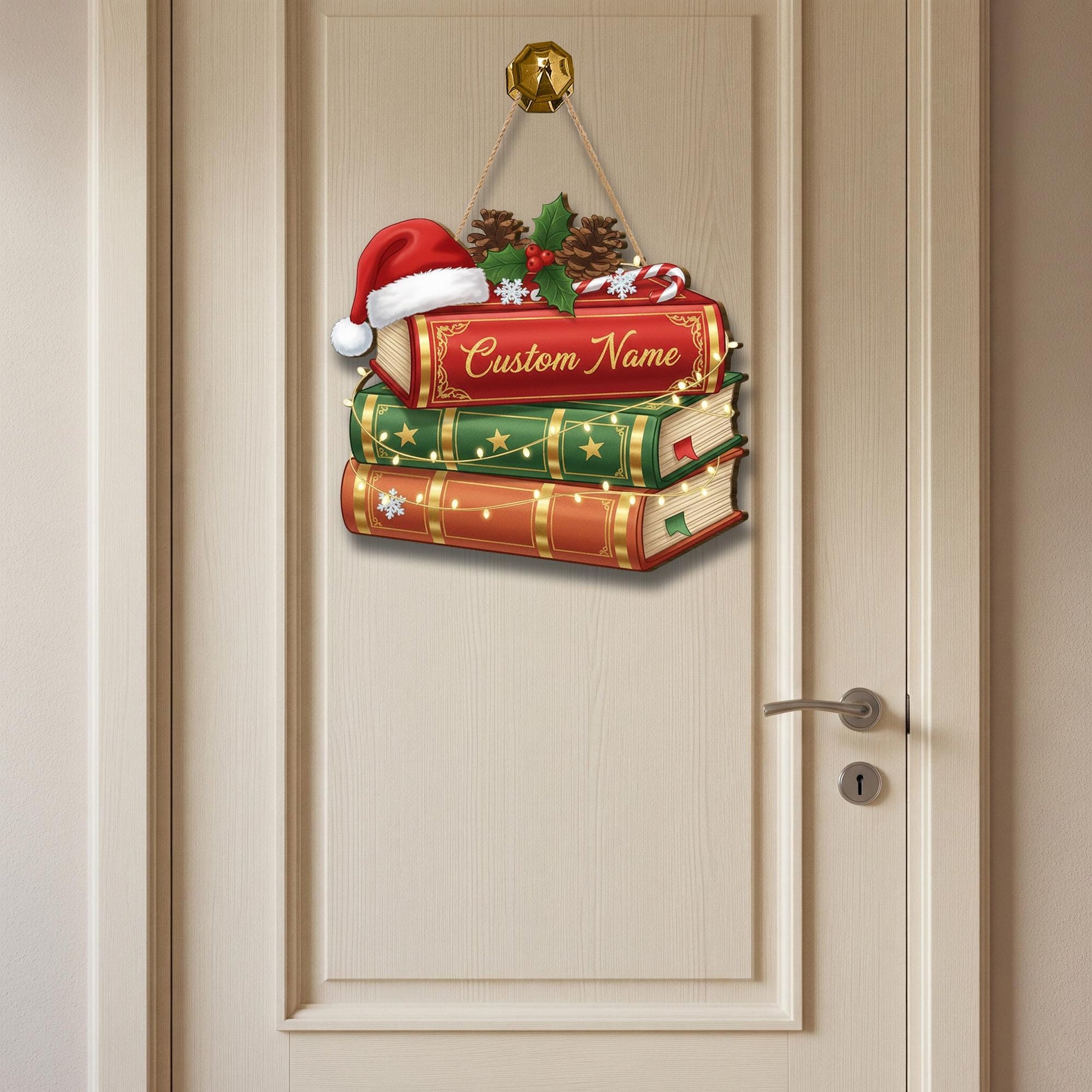 Personalized Wooden Book Stack Sign – Holiday Door Wall Hanging