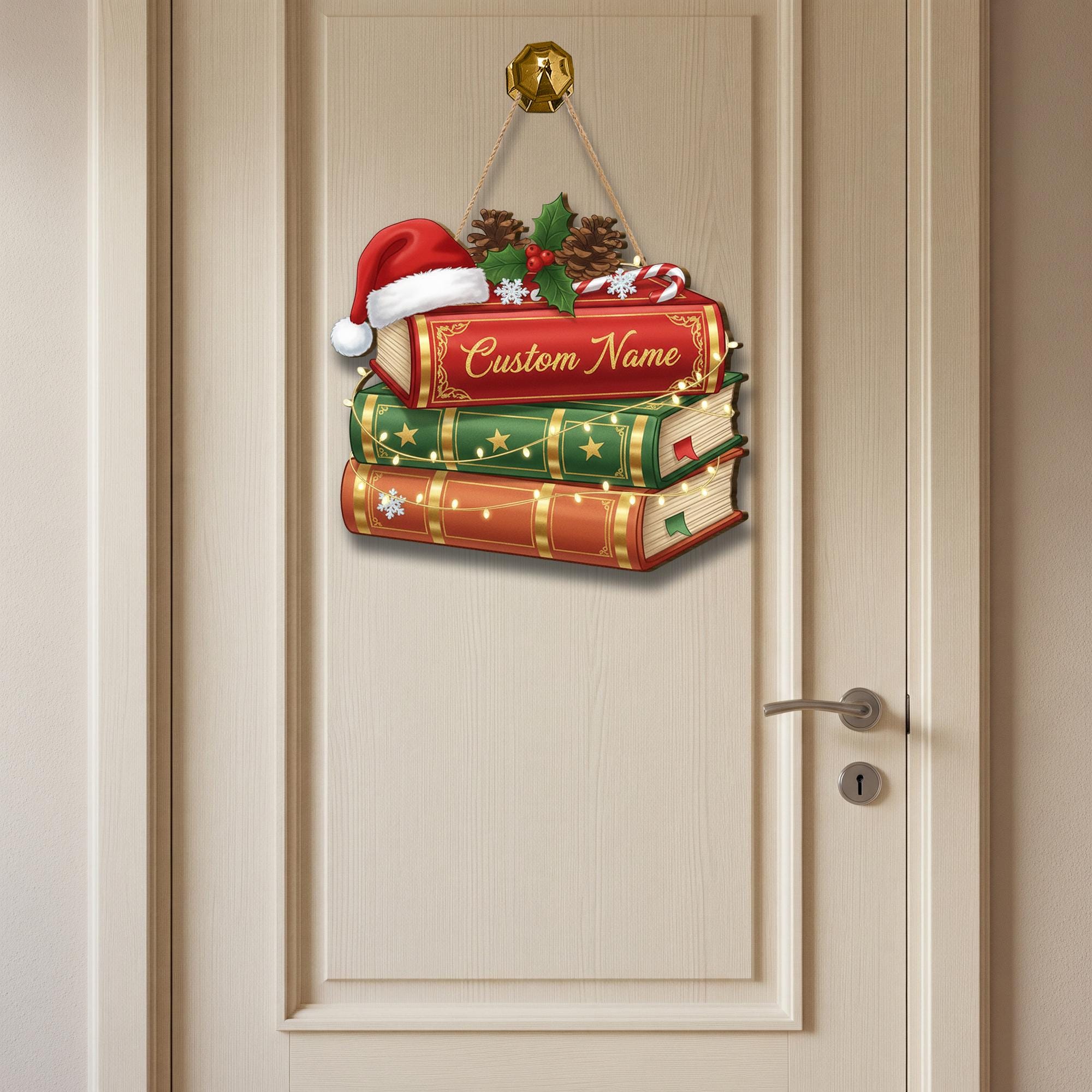 Personalized Wooden Book Stack Sign – Holiday Door Wall Hanging